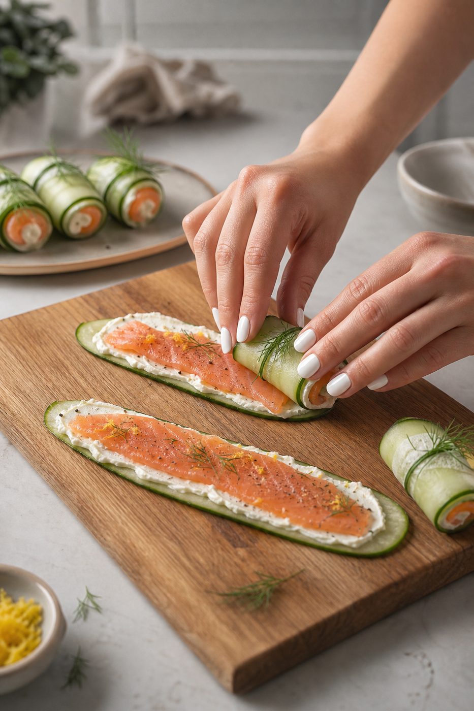 Schritt 2: Frischkäse und Lachs kommen auf die Bänder, die danach aufgerollt werden.