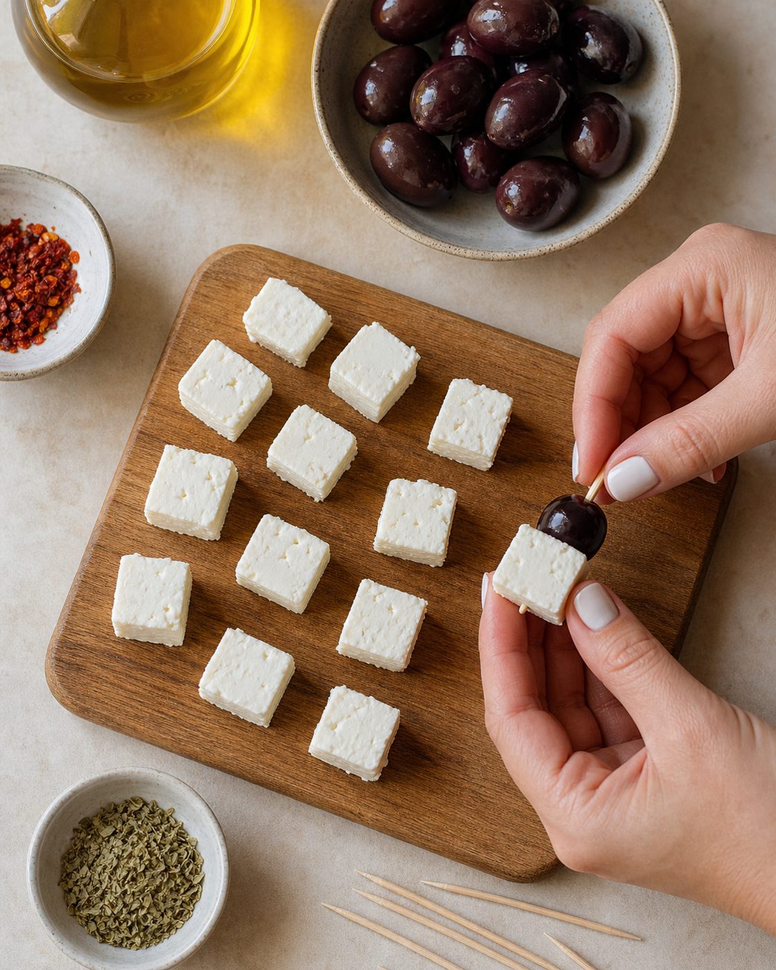 Schritt 1: Der Feta wird in sechzehn gleichmäßige Würfel geschnitten.