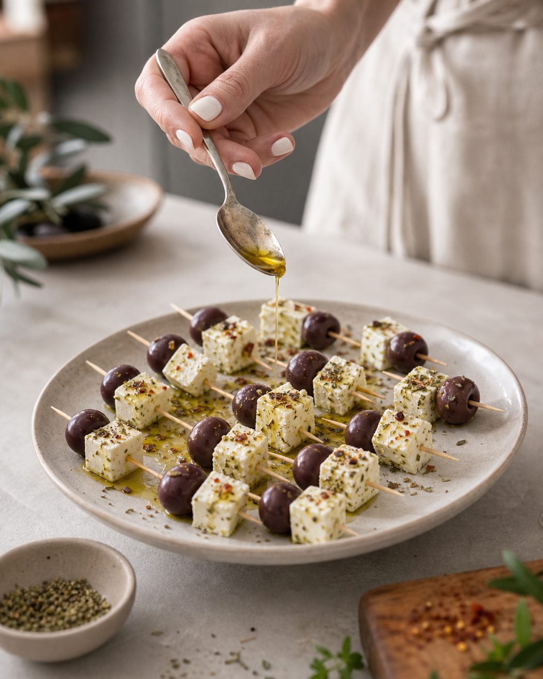 Schritt 2: Je ein Würfel und eine Olive kommen auf einen Spieß und werden beträufelt.