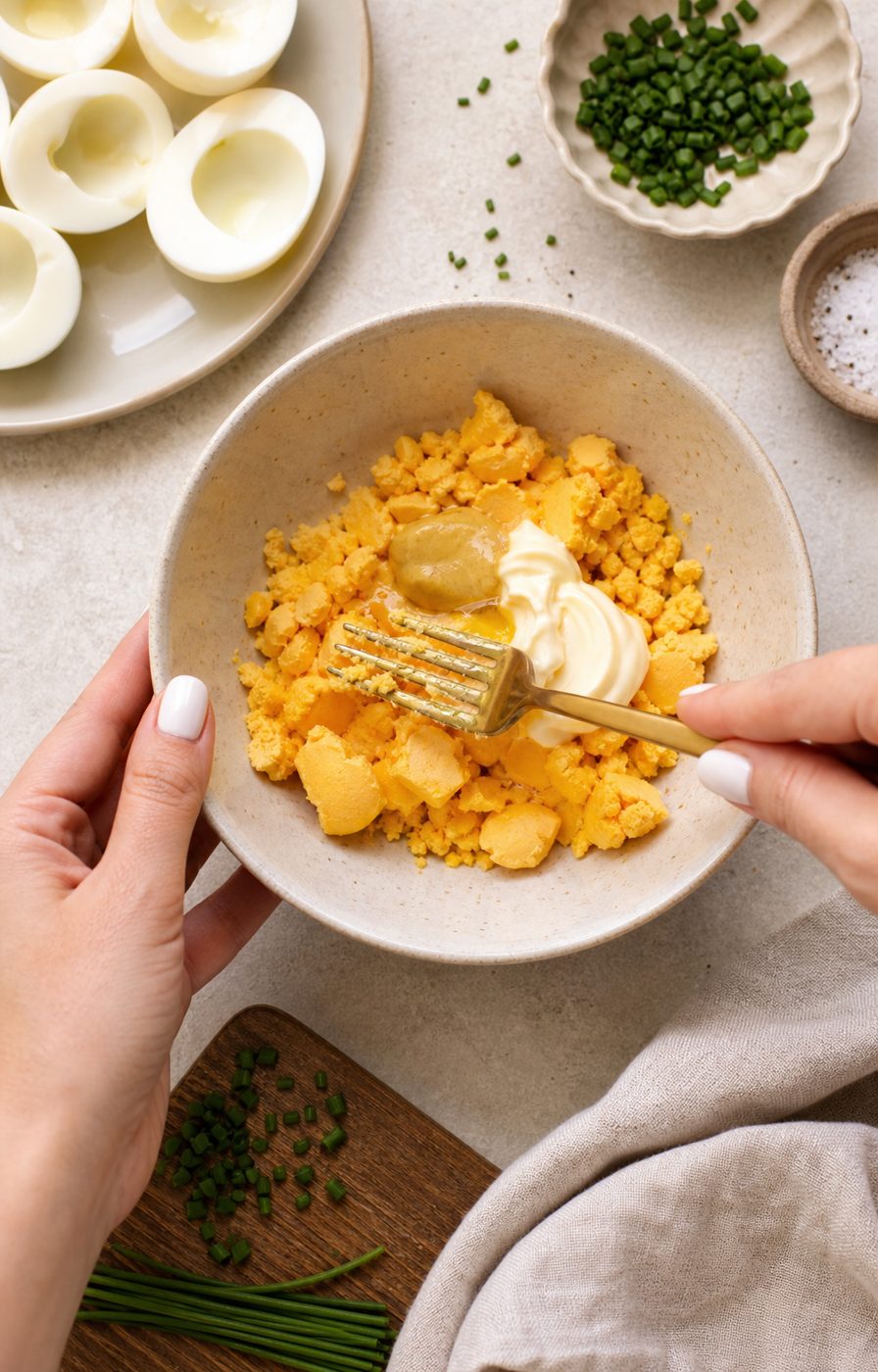 Schritt 1: Die Eigelbe werden herausgelöst und mit Mayonnaise, Senf und Trüffelöl cremig gerührt.