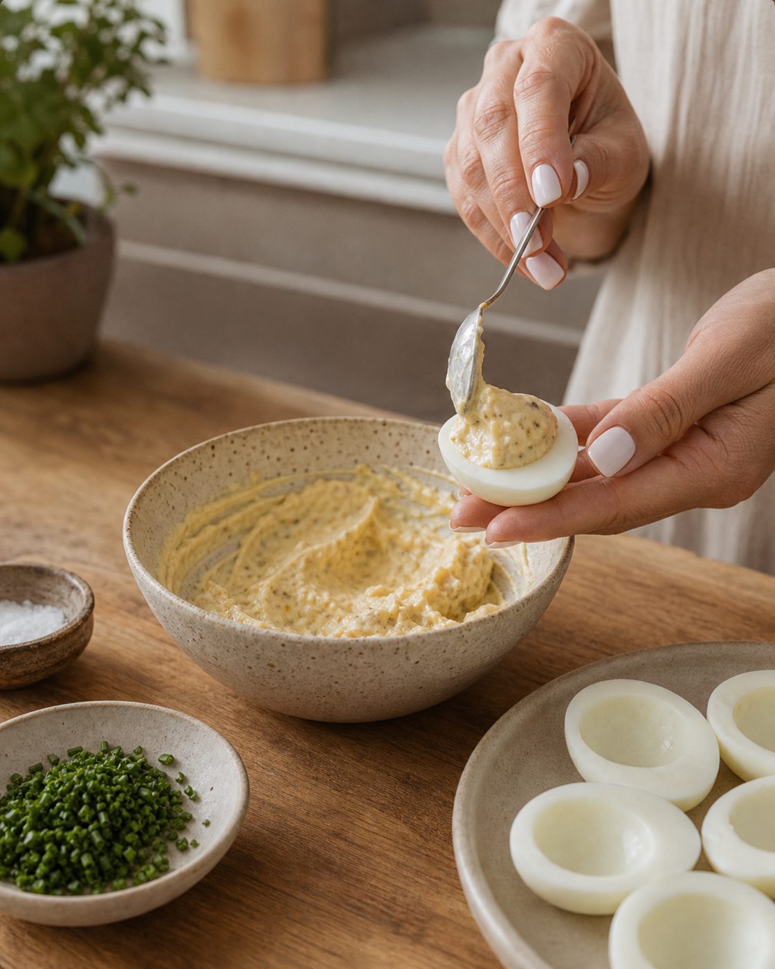 Schritt 2: Die Creme kommt zurück in die Eiweißhälften und wird mit Schnittlauch bestreut.