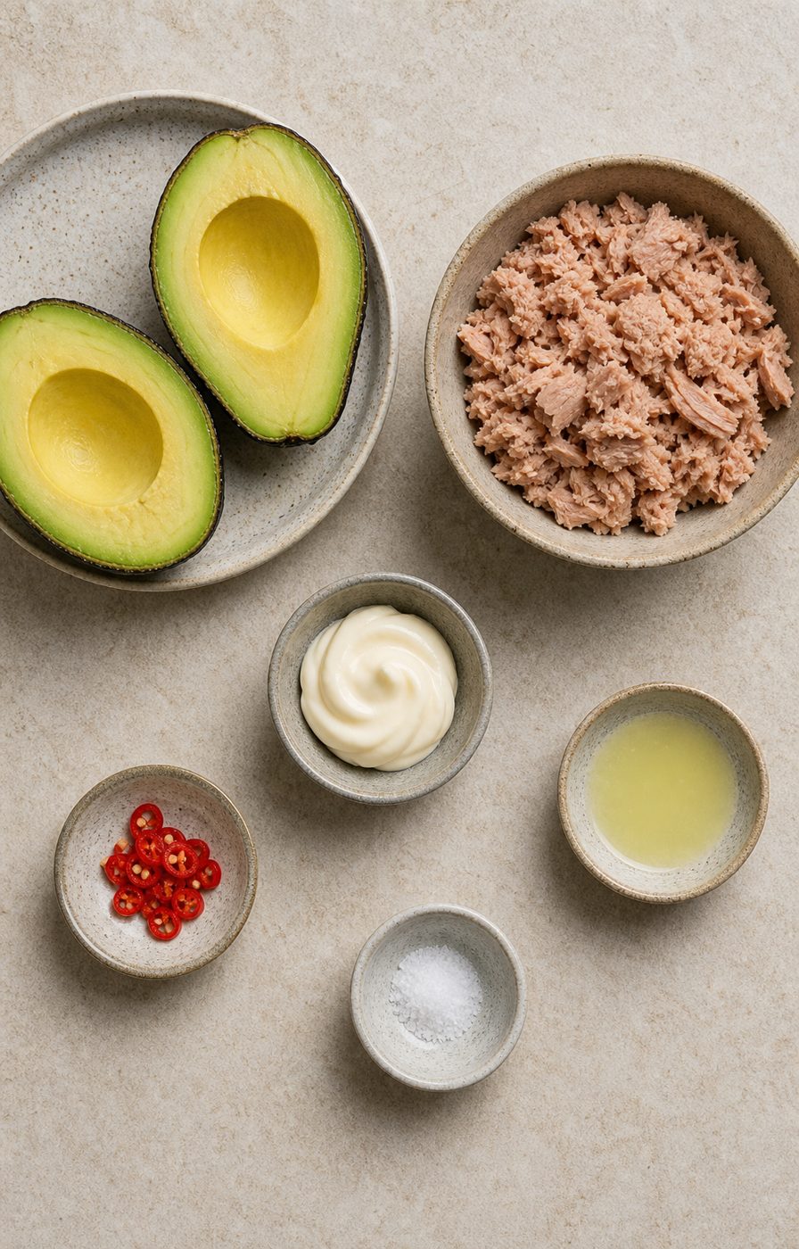 Zutaten für Thunfisch-Avocado-Boote