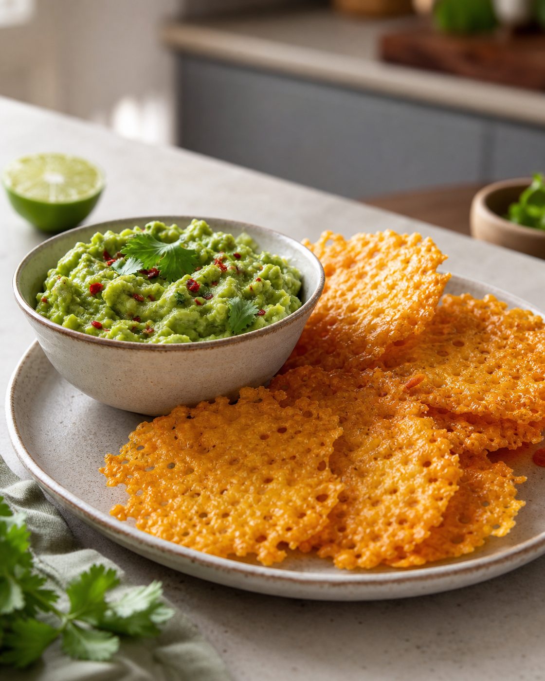 Cheddar-Chips mit Guacamole