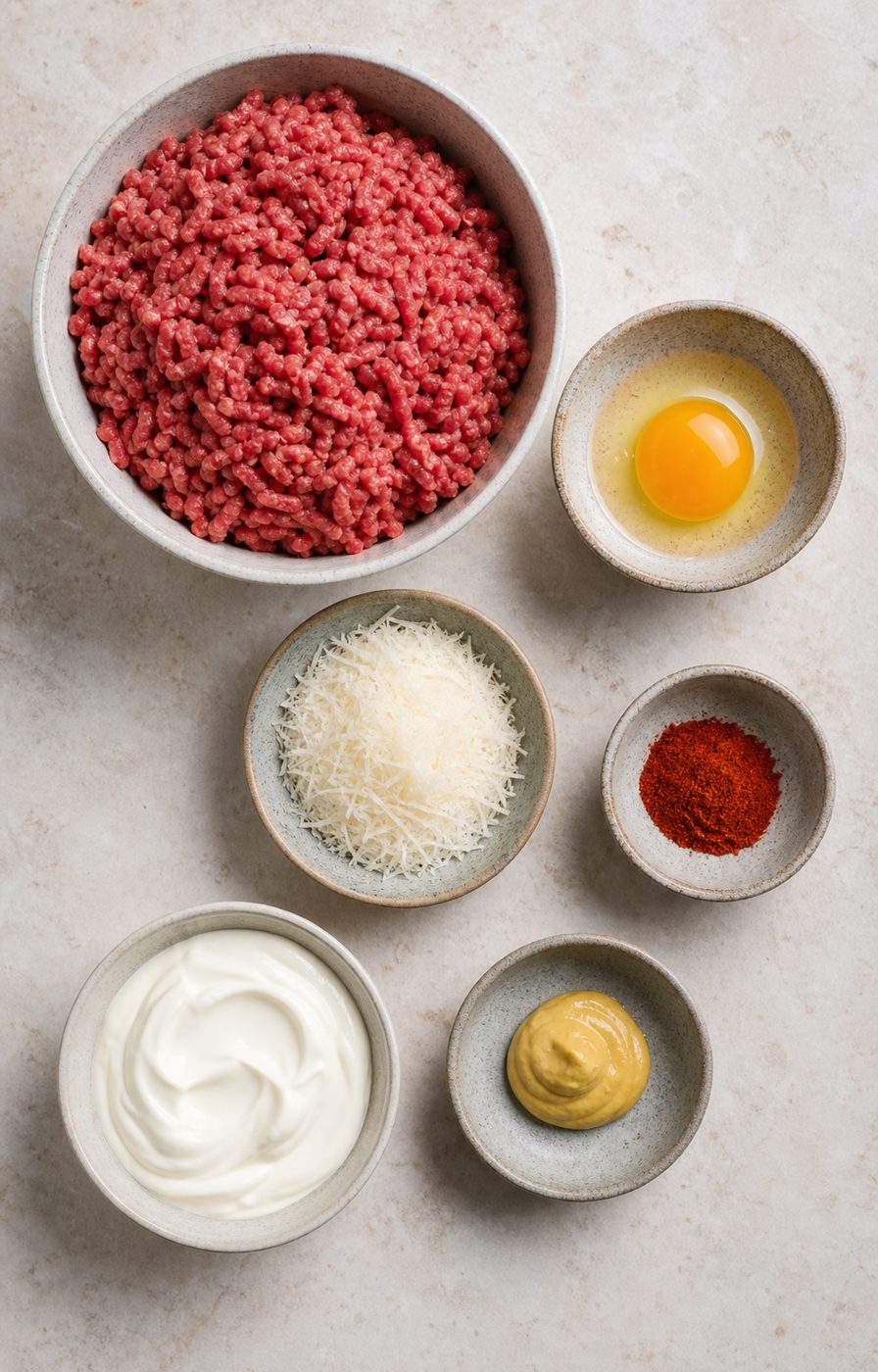Zutaten für Mini-Fleischbällchen mit Senfcreme