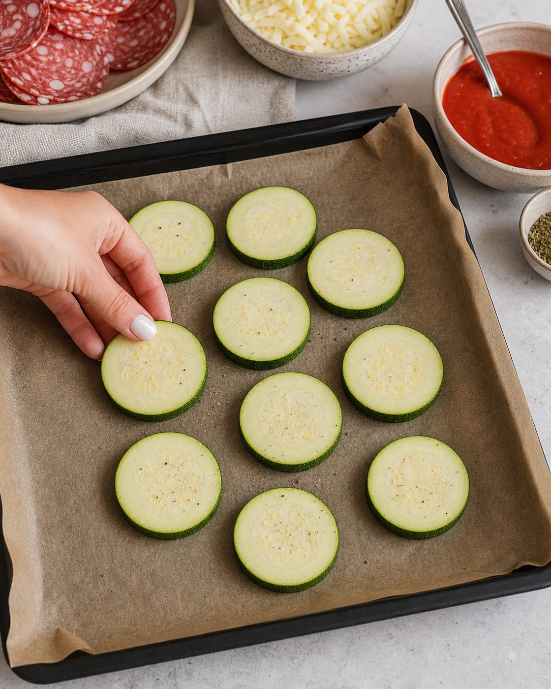 Schritt 1: Die Zucchini in dicke Scheiben schneiden und auf dem Blech kurz vorbacken.