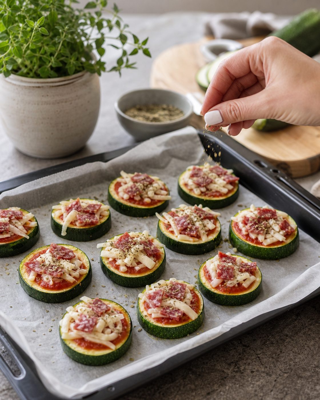 Schritt 2: Die Scheiben mit Tomate, Mozzarella, Salami und Oregano belegen und fertig backen.