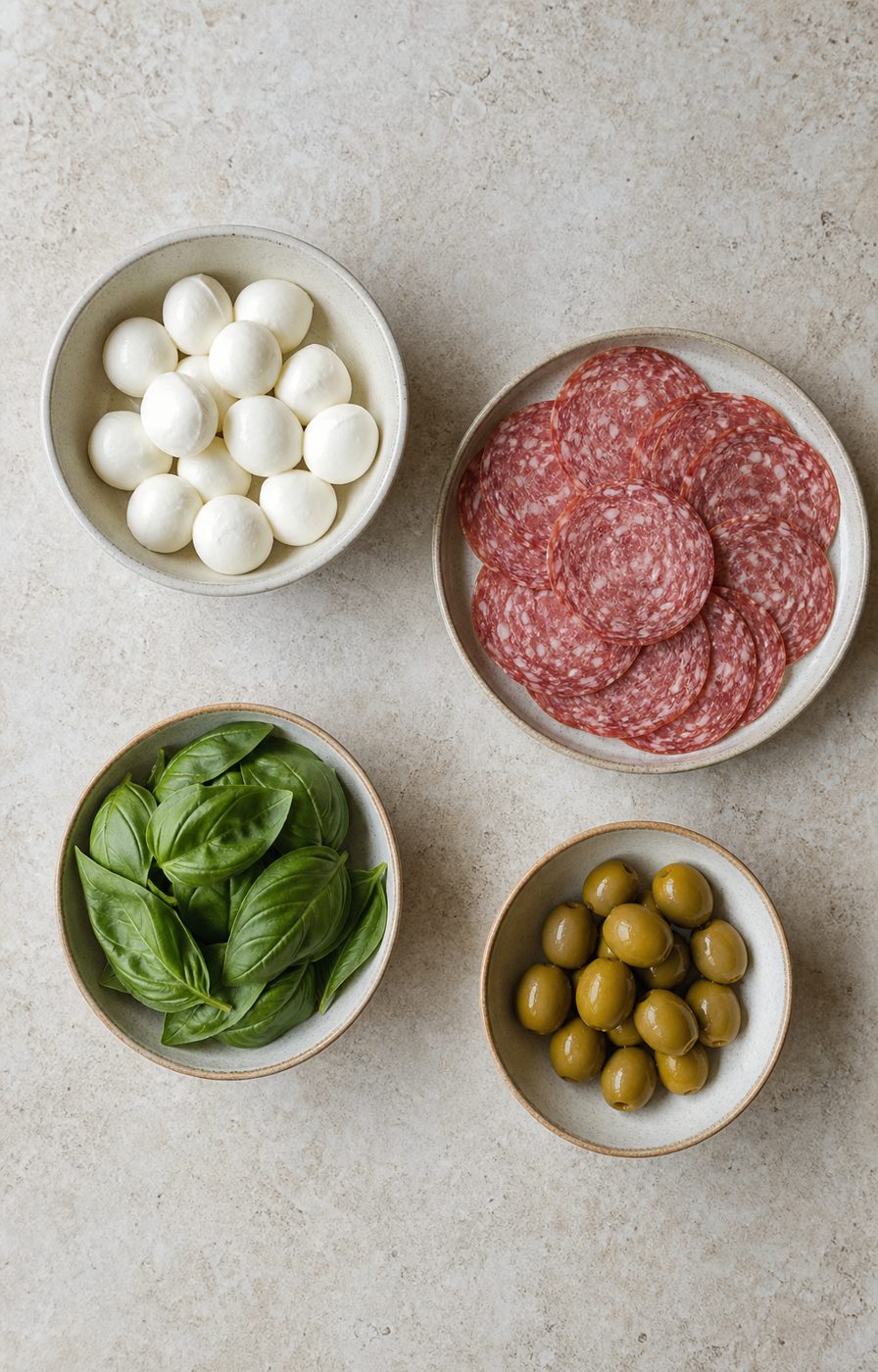 Zutaten für Salami-Mozzarella-Spieße