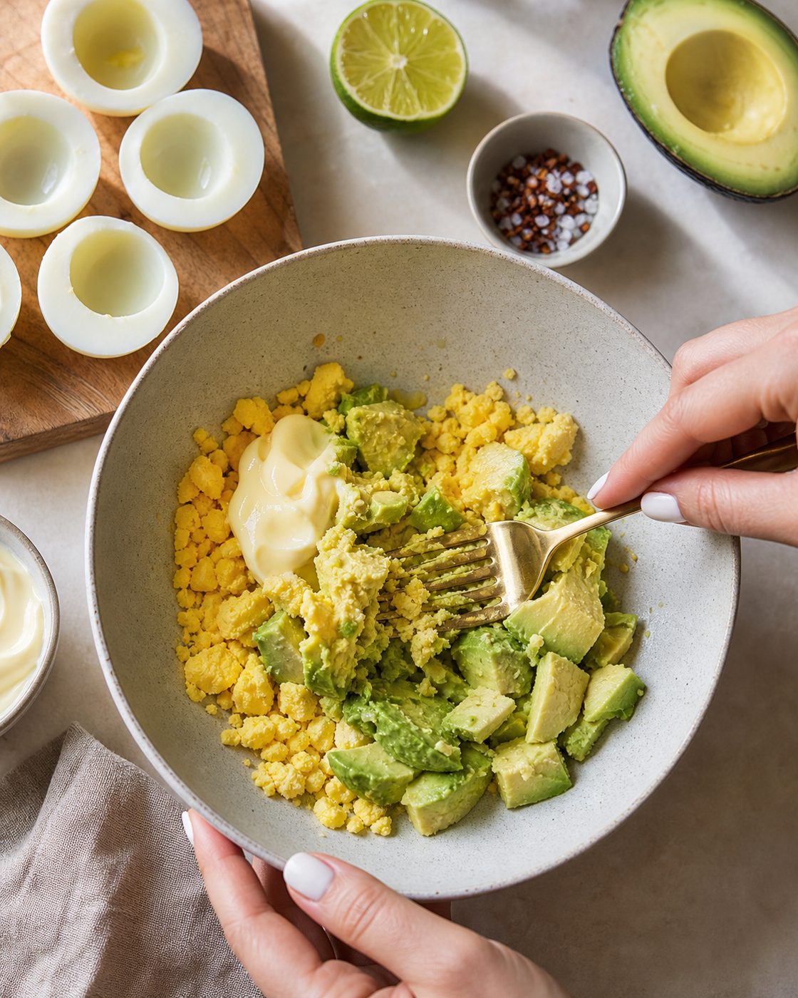 Schritt 1: Die gekochten Eier halbieren und die Eigelbe mit Avocado, Mayonnaise, Limettensaft und Salz glatt zerdrücken.