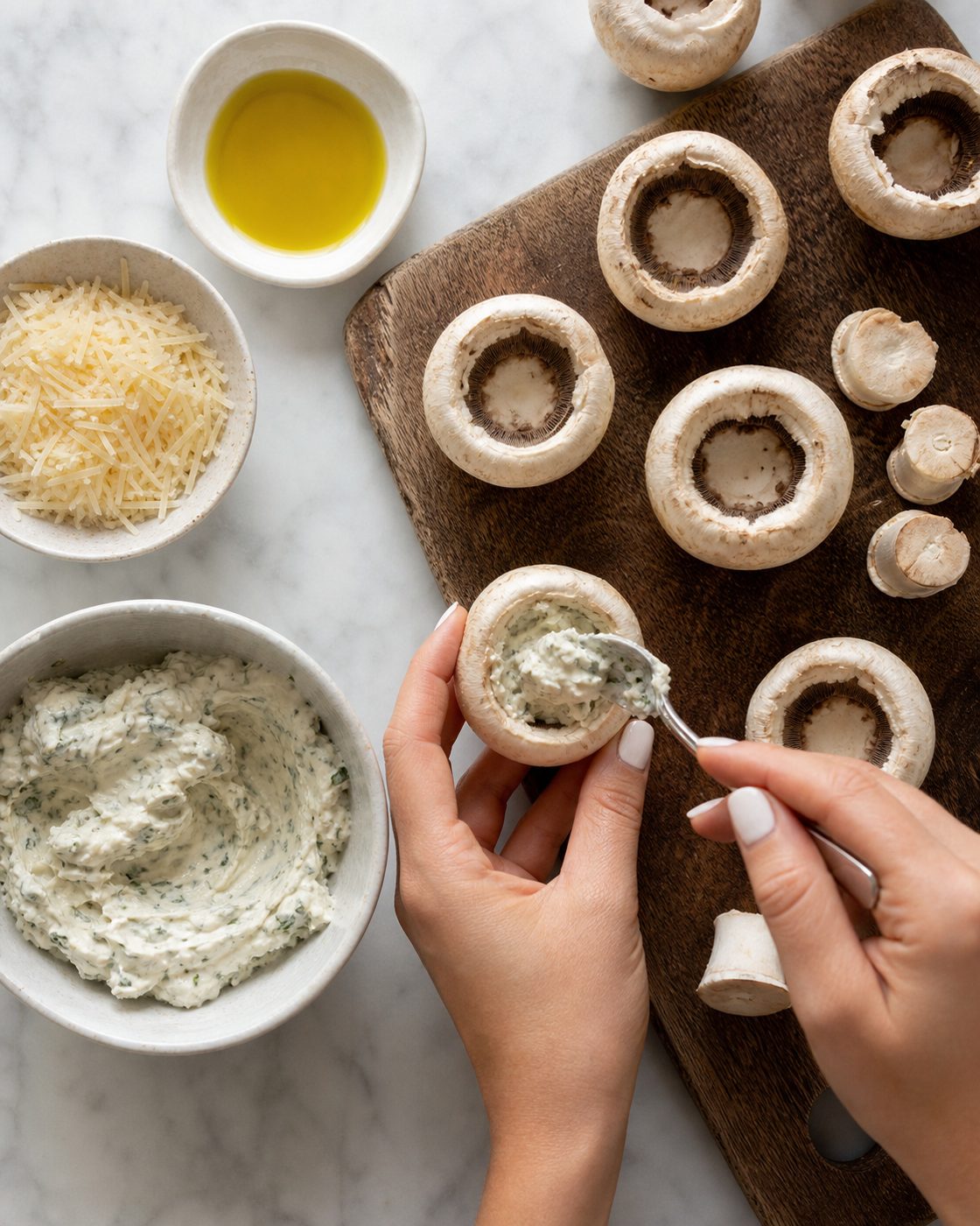 Schritt 1: Die Stiele aus den Champignons drehen, die Köpfe leicht ölen und mit Kräuterfrischkäse füllen.