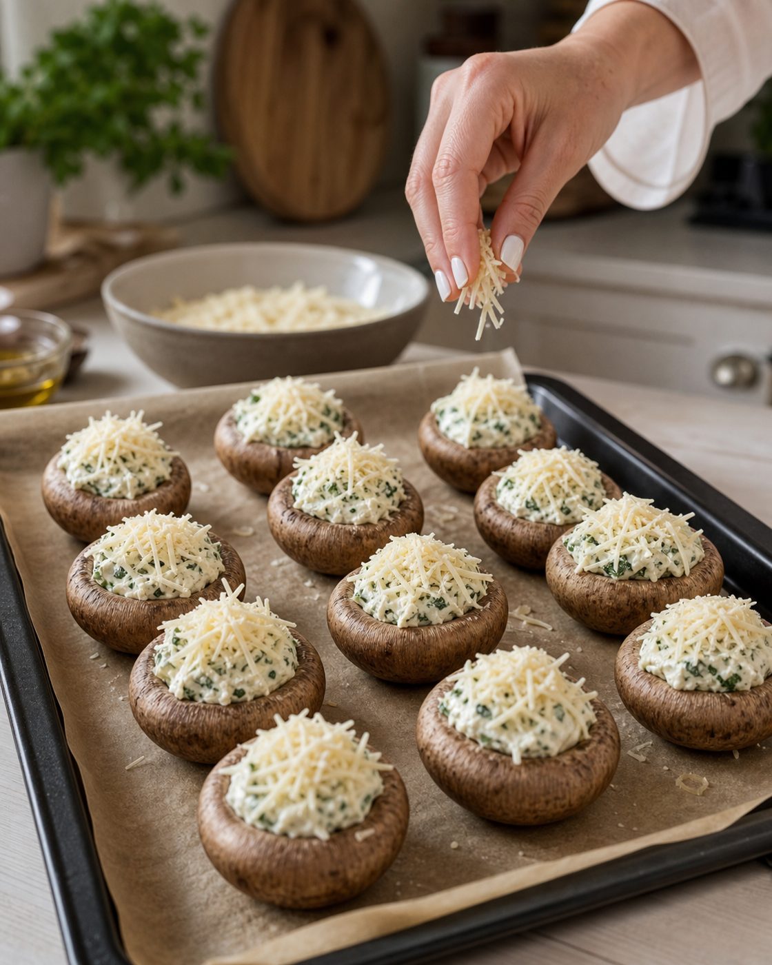 Schritt 2: Geriebenen Parmesan darübergeben und die Pilze bei 190 °C 18 bis 20 Minuten backen.