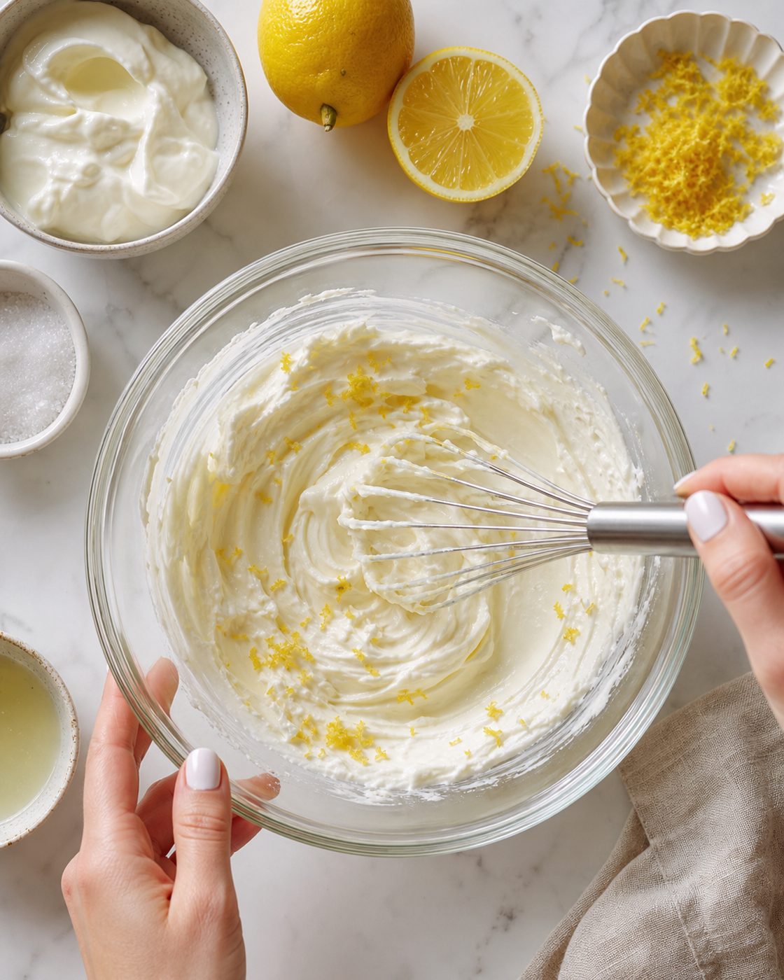Schritt 1: Frischkäse, Joghurt, Zitronensaft, Zitronenabrieb und Erythrit glatt rühren und die steife Sahne unterheben.