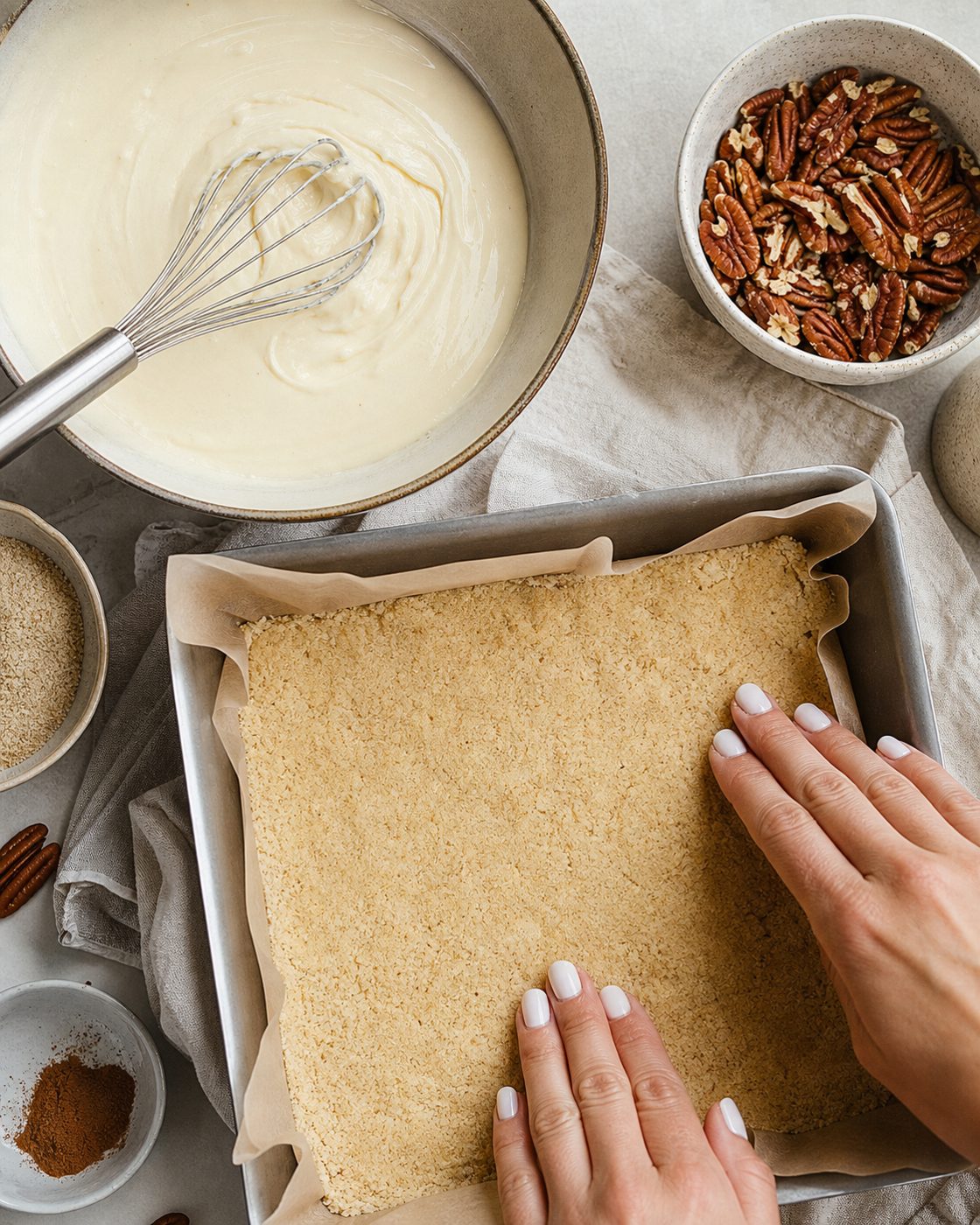 Schritt 1: Mandelmehl, Butter und Erythrit als Boden in die Form drücken und vorbacken.