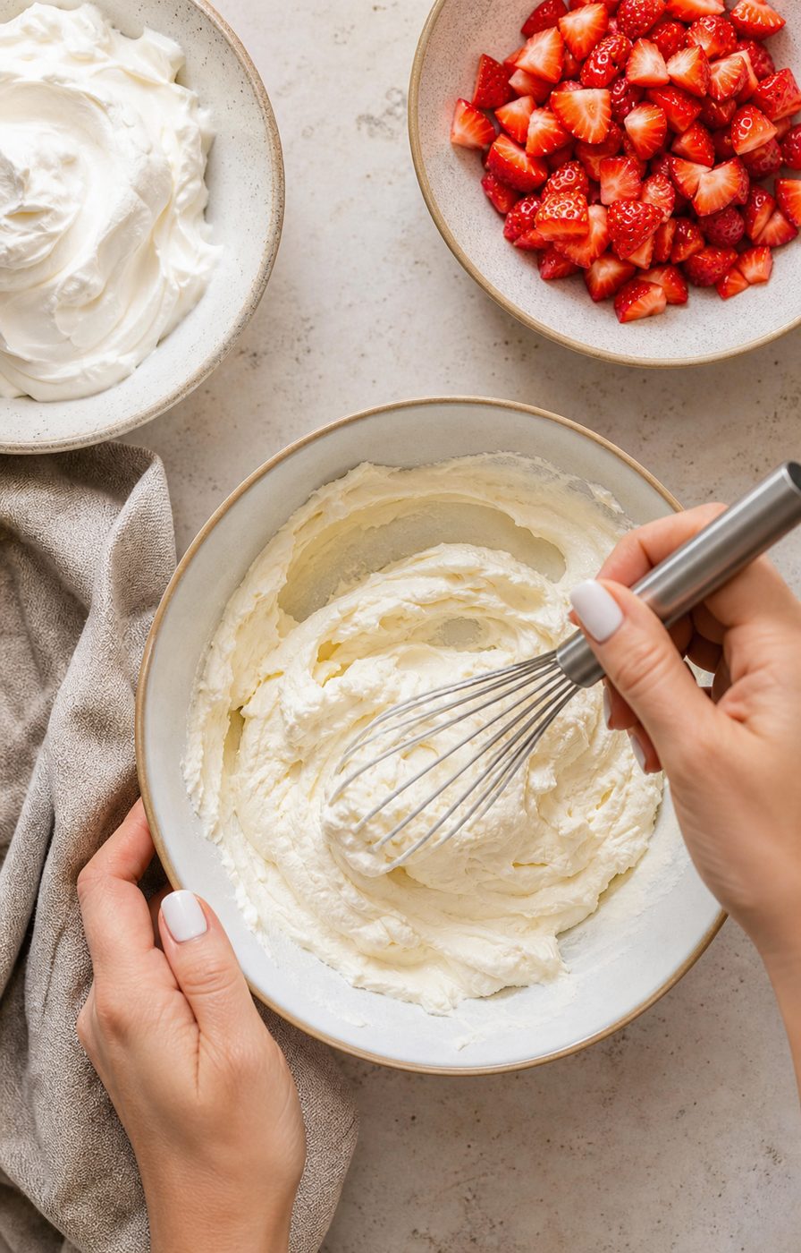 Schritt 1: Mascarpone mit Vanille und Erythrit cremig rühren und die steife Sahne unterheben.