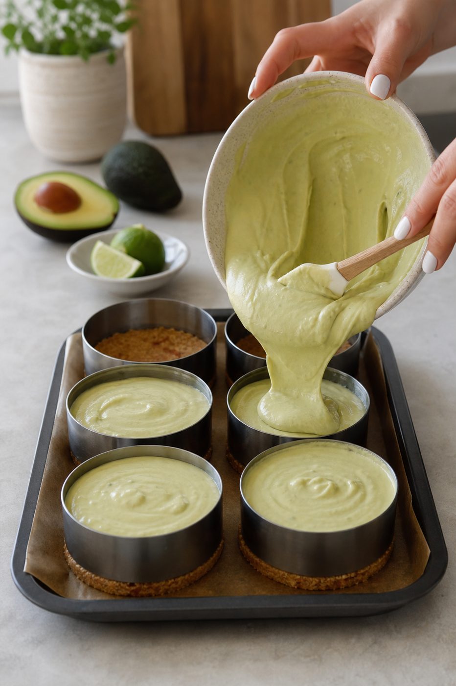 Schritt 2: Die pürierte Avocado-Limetten-Creme auf die Böden füllen und glatt streichen.