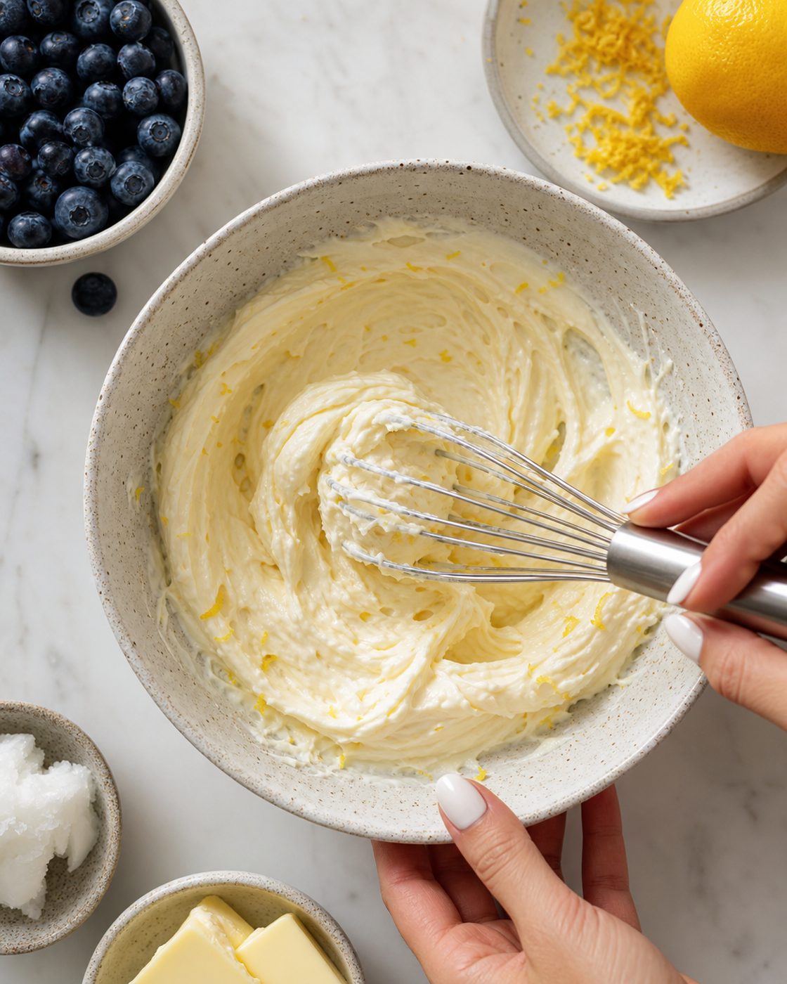 Schritt 1: Frischkäse, weiche Butter, Kokosöl, Zitronenabrieb und Erythrit in einer Schüssel cremig rühren.