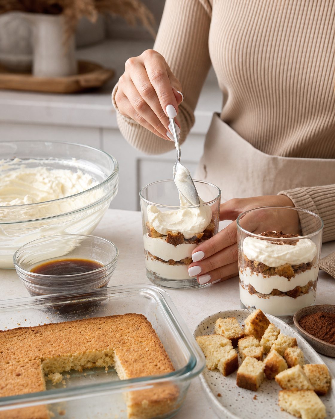Schritt 2: Bodenwürfel mit Espresso tränken, mit der Mascarponecreme in Gläser schichten und mit Kakao bestäuben.