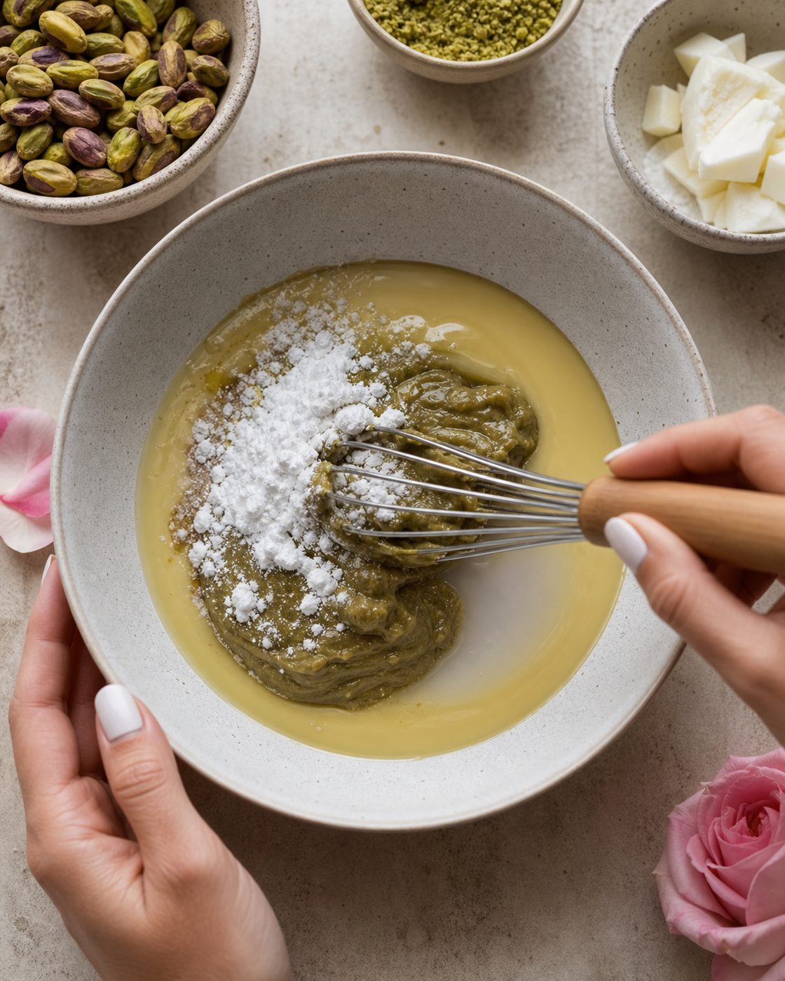 Schritt 1: Die geschmolzene Kakaobutter mit Pistazienmus, Erythrit-Puder und Rosenwasser glatt verrühren.