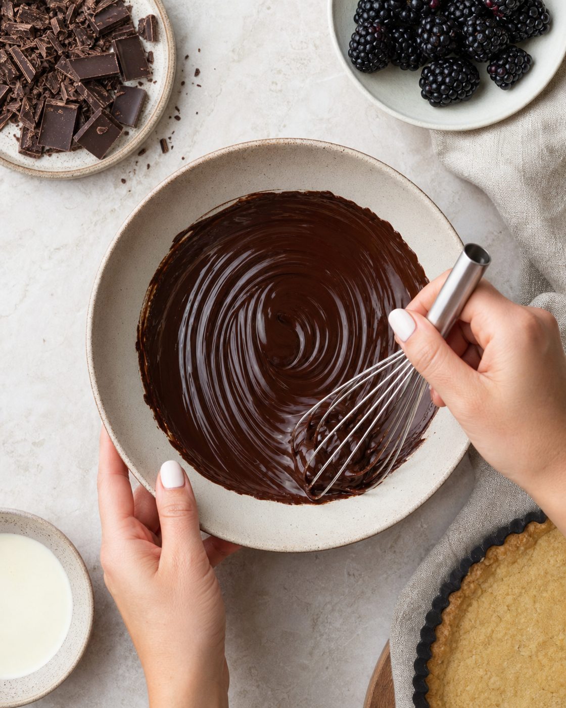 Schritt 1: Mandelmehl, Butter und Erythrit als Boden in die Tarteform drücken und vorbacken.