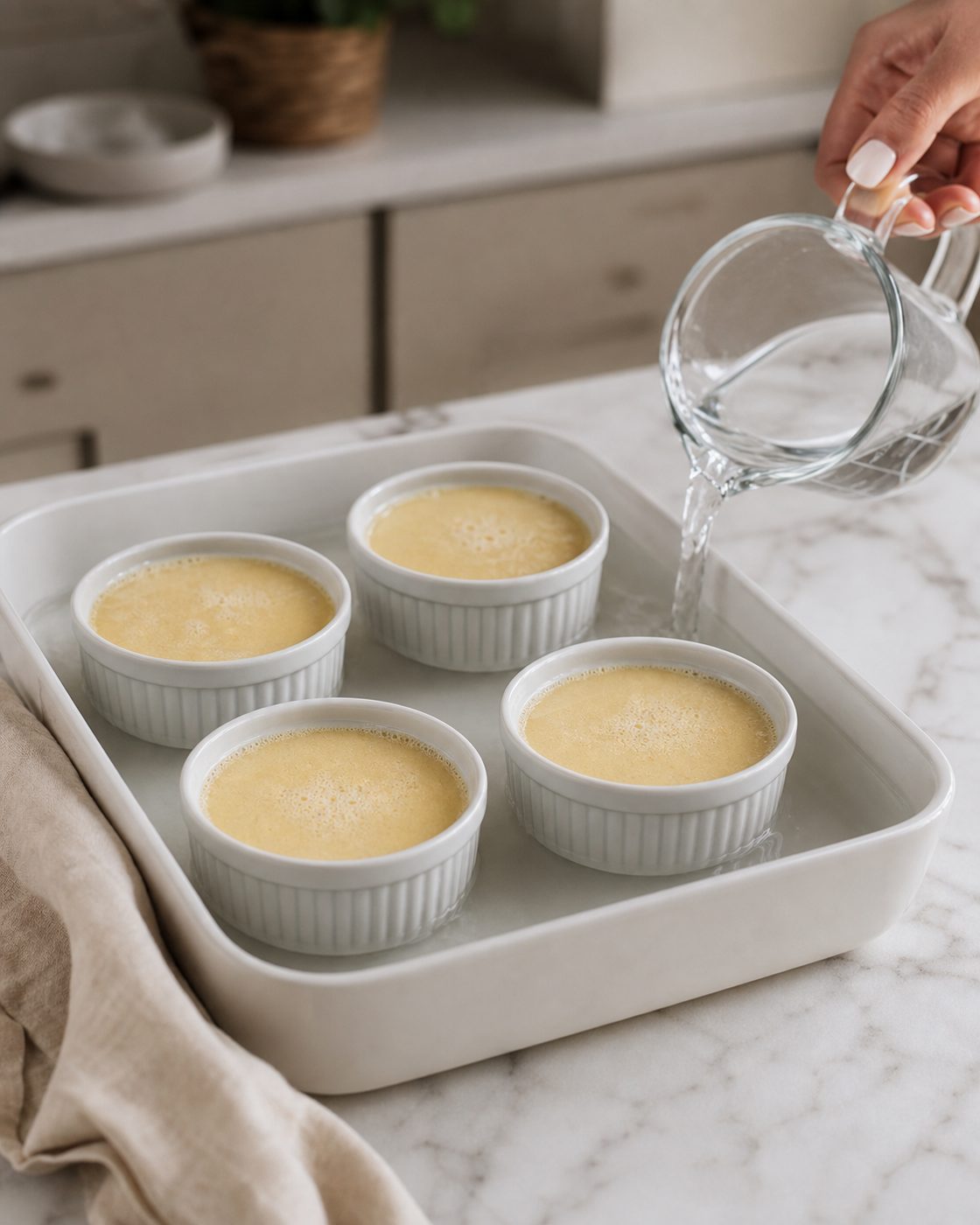 Schritt 2: Die Förmchen in ein heißes Wasserbad stellen und im Ofen backen, bis der Flan gerade gestockt ist.