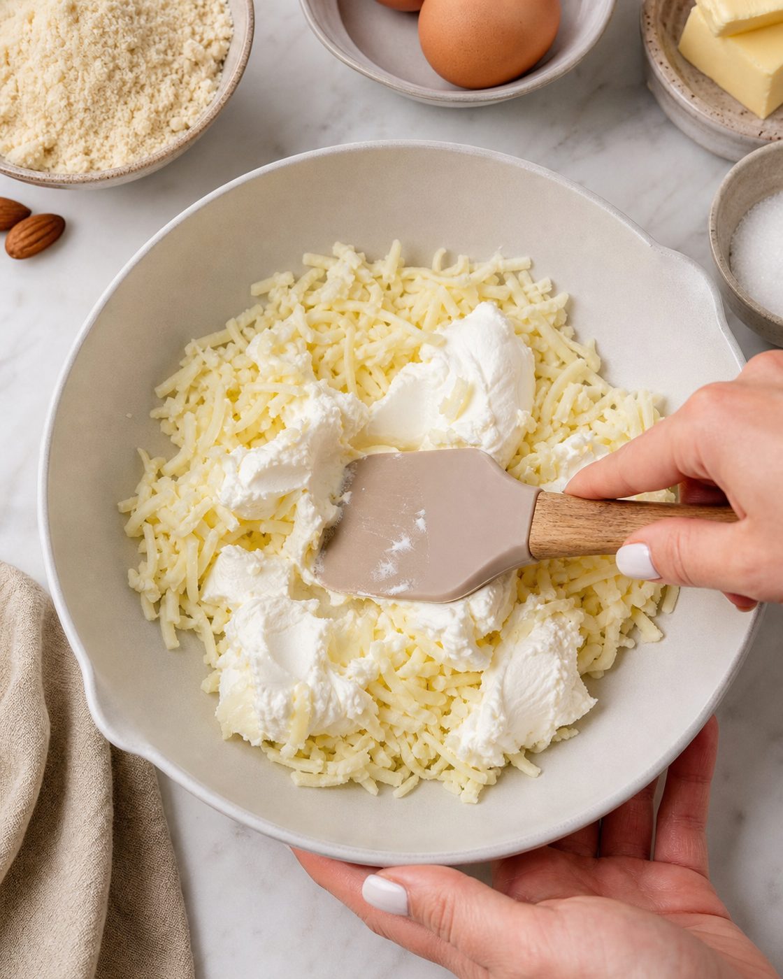 Schritt 1: Den ausgerollten Mozzarella-Mandel-Teig mit Butter bestreichen und mit Zimt-Erythrit bestreuen.