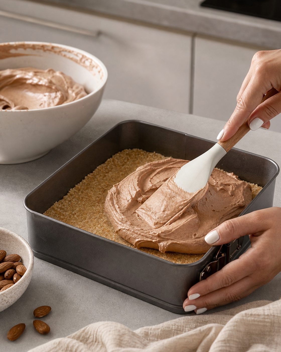 Schritt 2: Die Mascarpone-Espresso-Creme auf den Boden streichen und glatt ziehen, bevor der Kuchen in den Kühlschrank kommt.