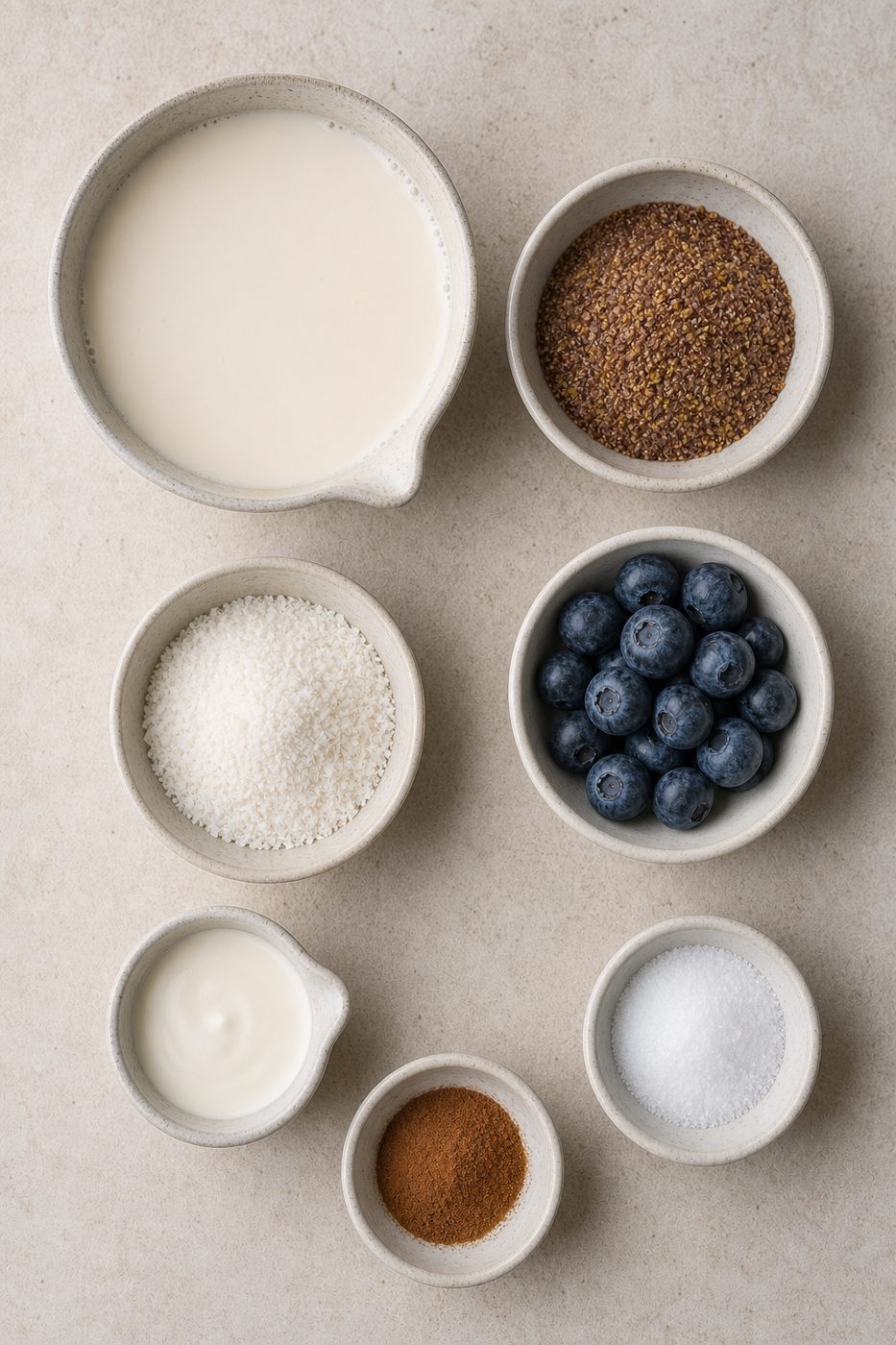 Zutaten für Kokos-Leinsamen-Porridge mit Heidelbeeren