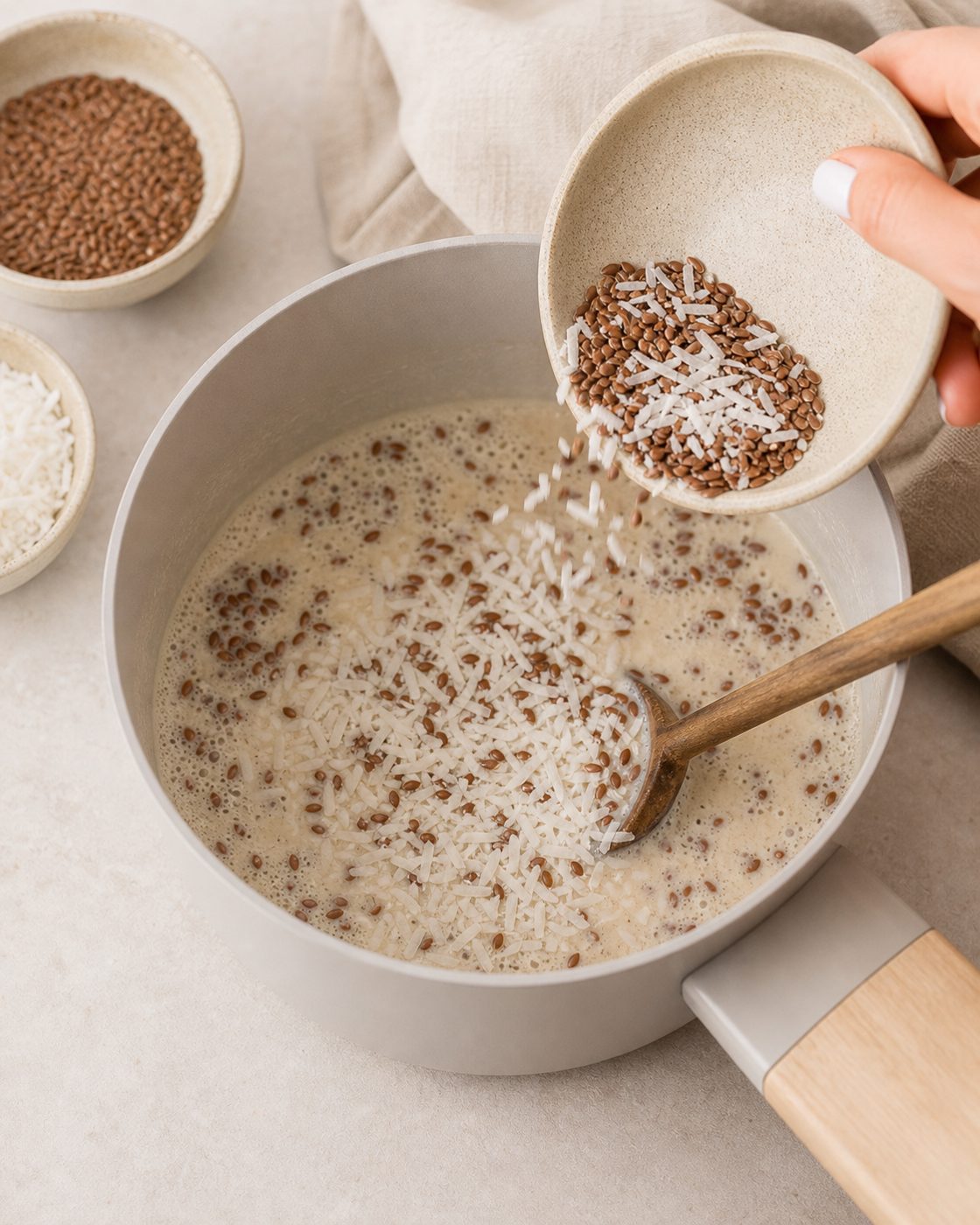 Schritt 1: Die ungesüßte Mandelmilch im Topf erhitzen, bis sie leicht dampft.