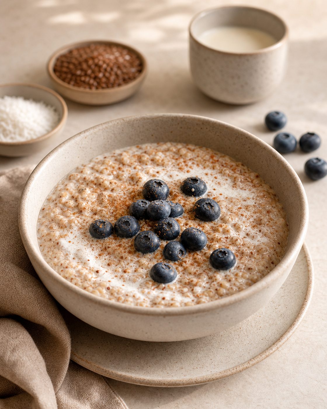 Kokos-Leinsamen-Porridge mit Heidelbeeren