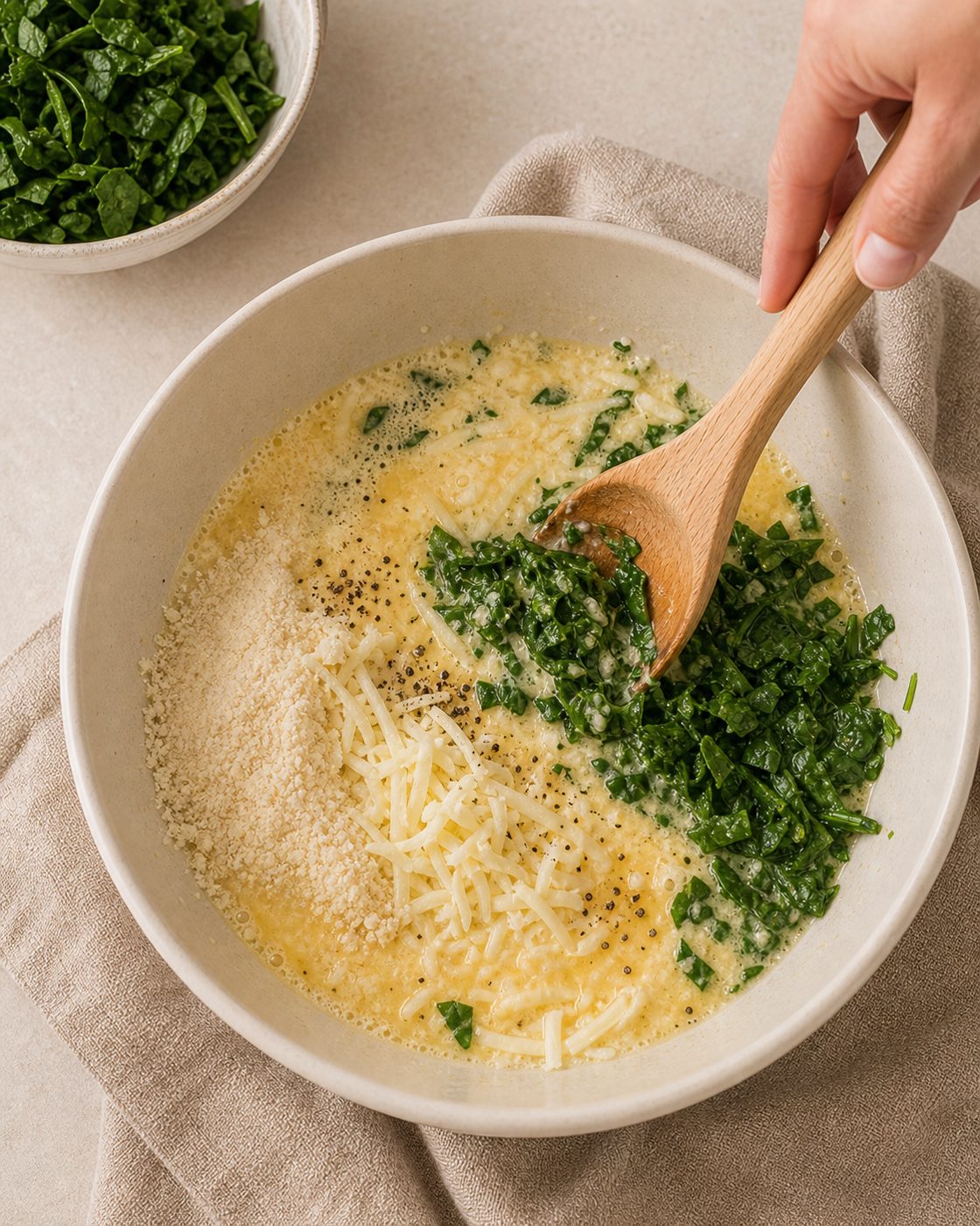 Schritt 1: Den fein gehackten Spinat mit Eiern, Mozzarella, Mandelmehl und Pfeffer zu einem Teig mischen.