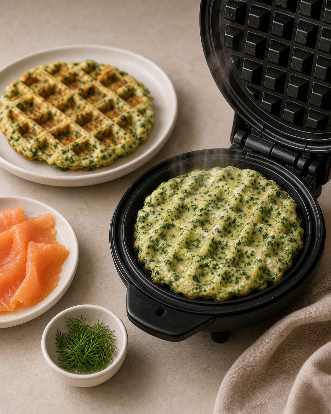 Schritt 2: Die Waffeln im gefetteten Eisen knusprig backen und mit Räucherlachs und Dill belegen.