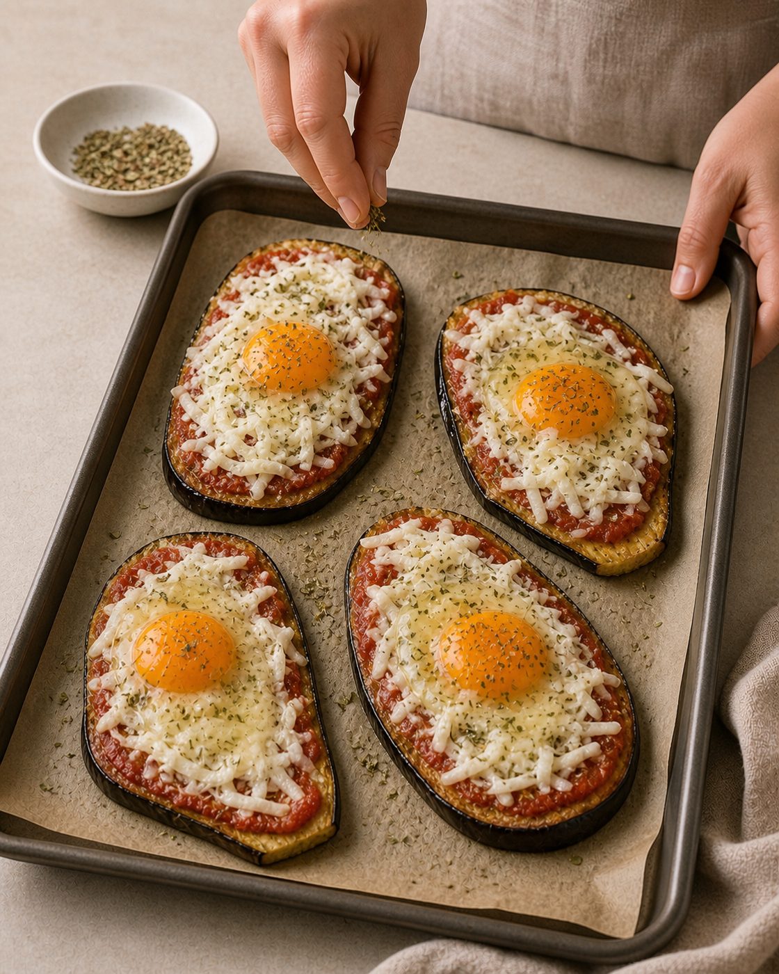 Schritt 2: Die vorgebackenen Scheiben mit Tomate, Mozzarella und je einem Ei belegen.
