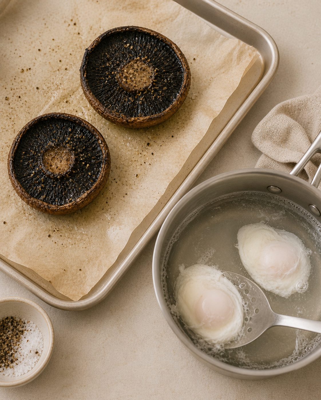 Schritt 1: Die gewürzten Portobellos im Ofen backen und währenddessen die Eier pochieren.