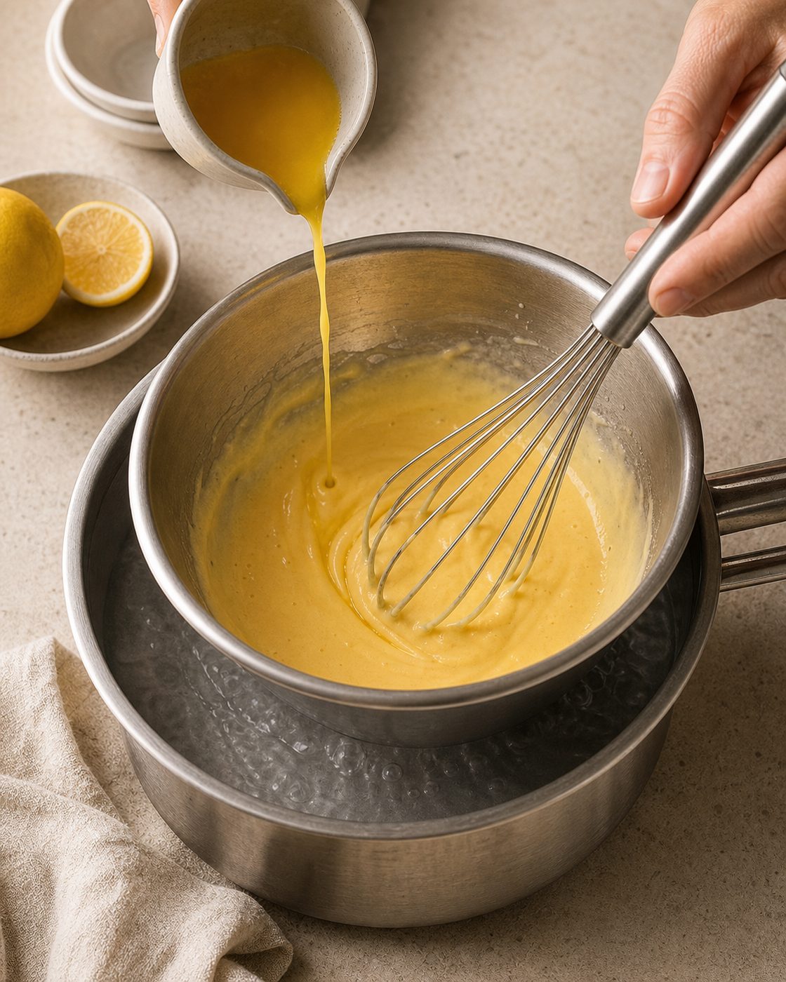 Schritt 2: Eigelb mit Zitronensaft über dem Wasserbad aufschlagen und die flüssige Butter langsam einarbeiten.