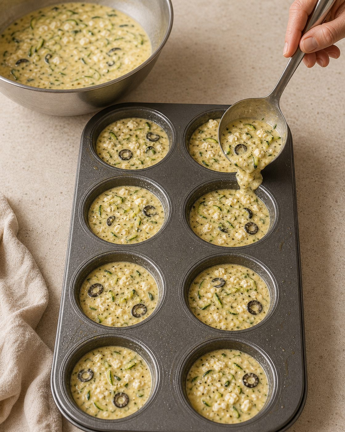 Schritt 2: Die Eiermasse mit Feta und Oliven in die gefetteten Muffinmulden füllen.