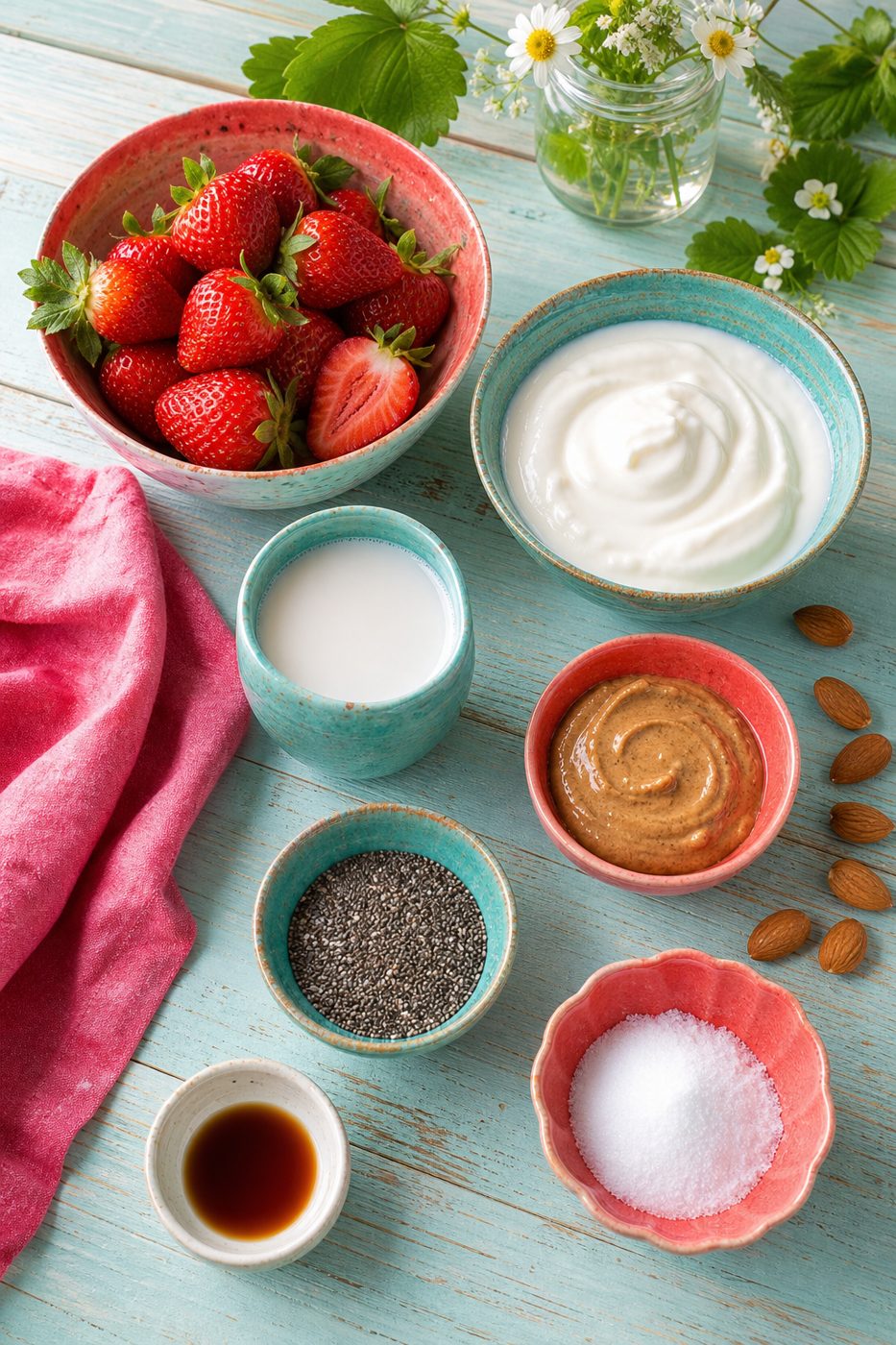 Zutaten für Erdbeer-Mandel-Smoothie-Bowl