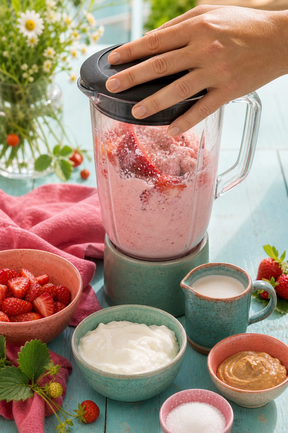 Schritt 1: Erdbeeren, Joghurt, Mandelmilch, Mandelmus, Vanille und Erythrit im Mixer dickcremig verarbeiten.