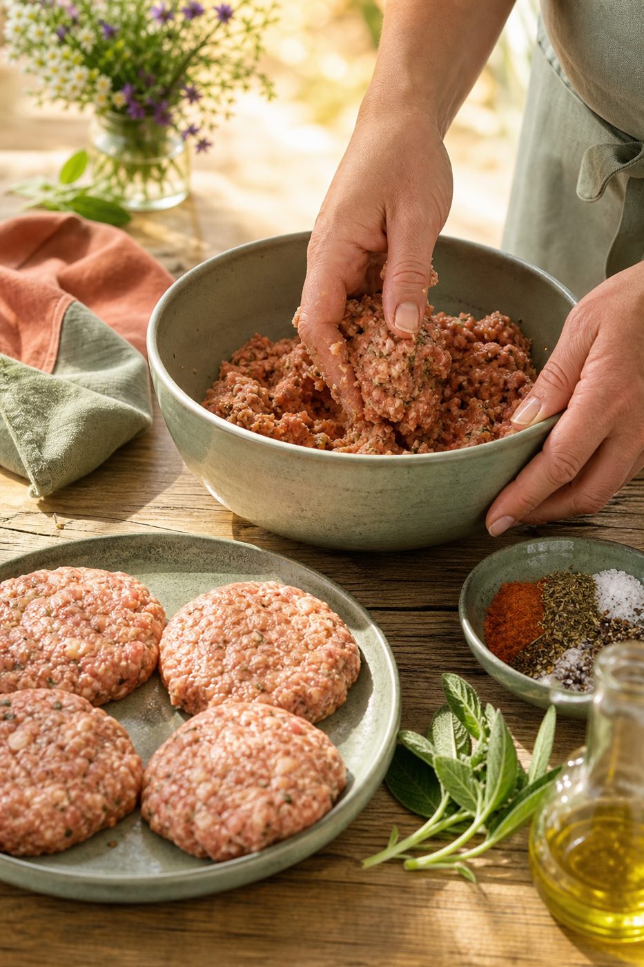 Schritt 1: Putenhack mit Ei, Parmesan und den Gewürzen mischen und acht flache Patties formen.