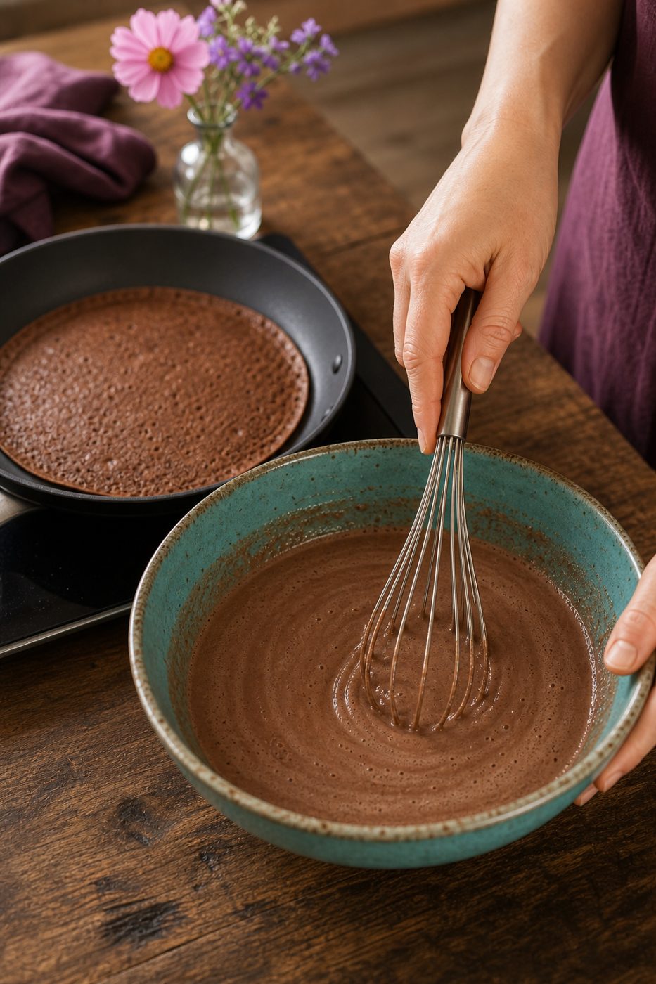 Schritt 1: Den Kakaoteig glatt rühren und daraus dünne Crêpes backen.