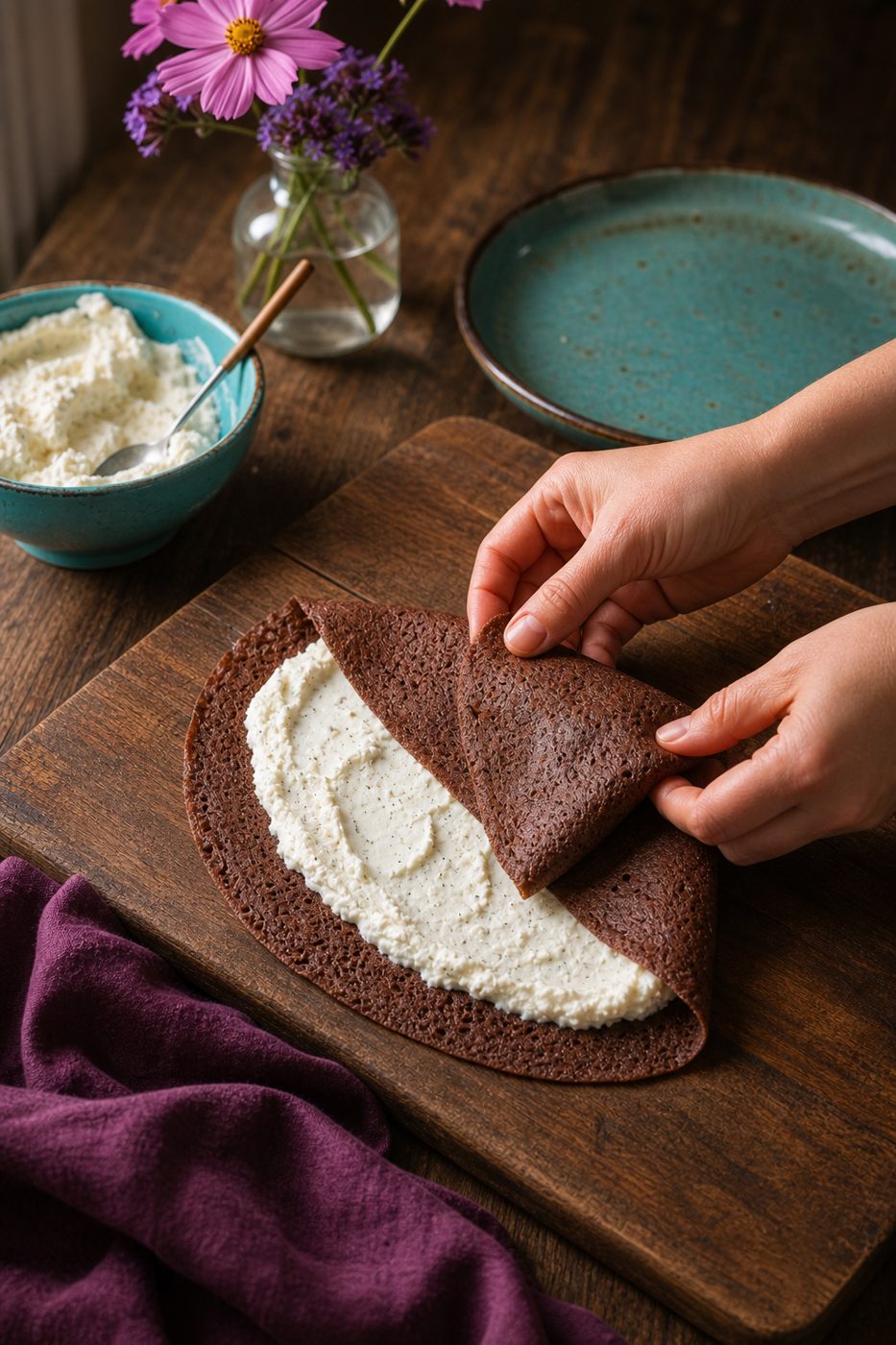 Schritt 2: Die Crêpes mit dem Vanille-Ricotta füllen und zusammenklappen.