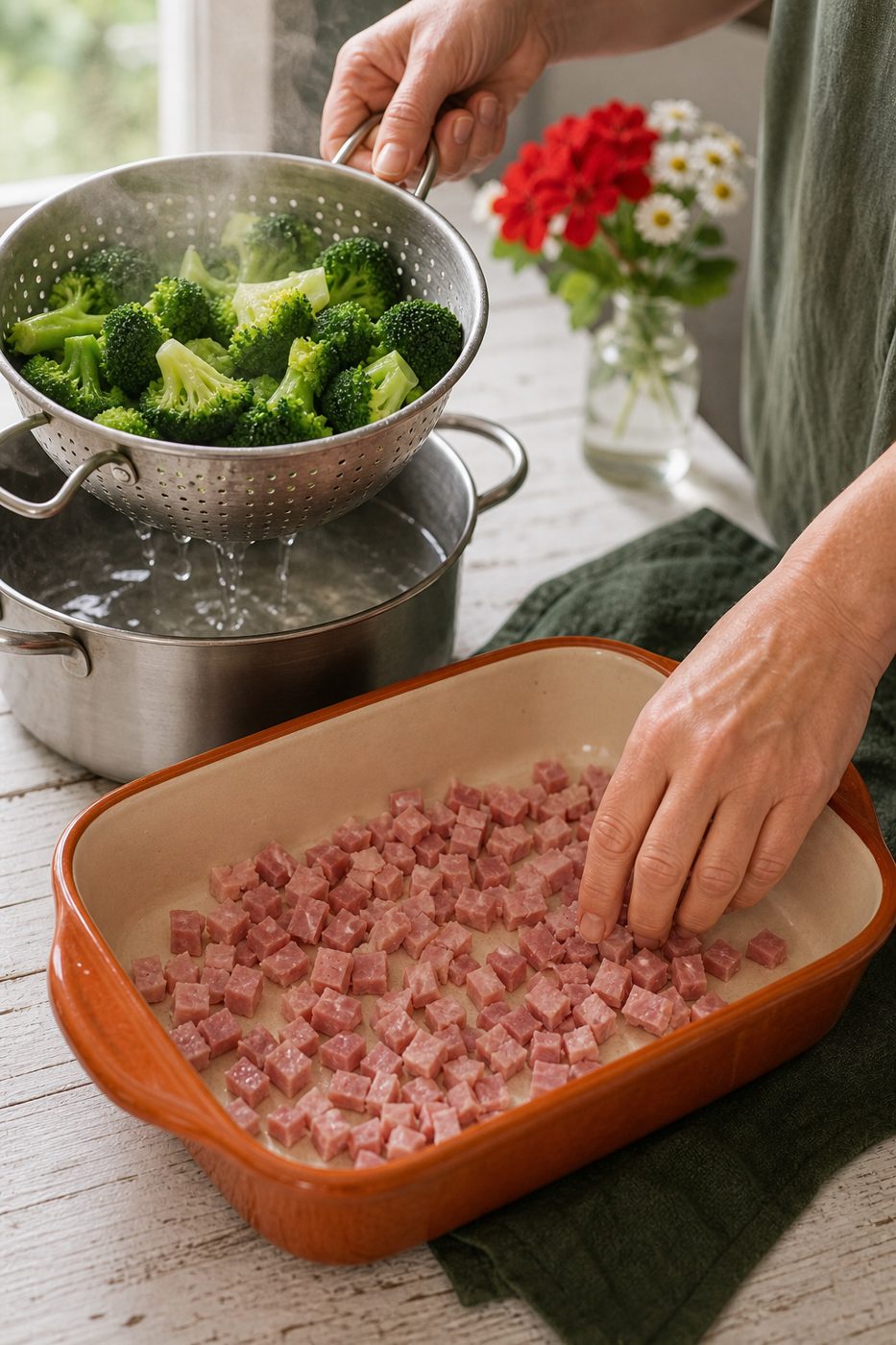 Schritt 1: Den Brokkoli kurz vorgaren und mit dem gewürfelten Schinken in die Form geben.