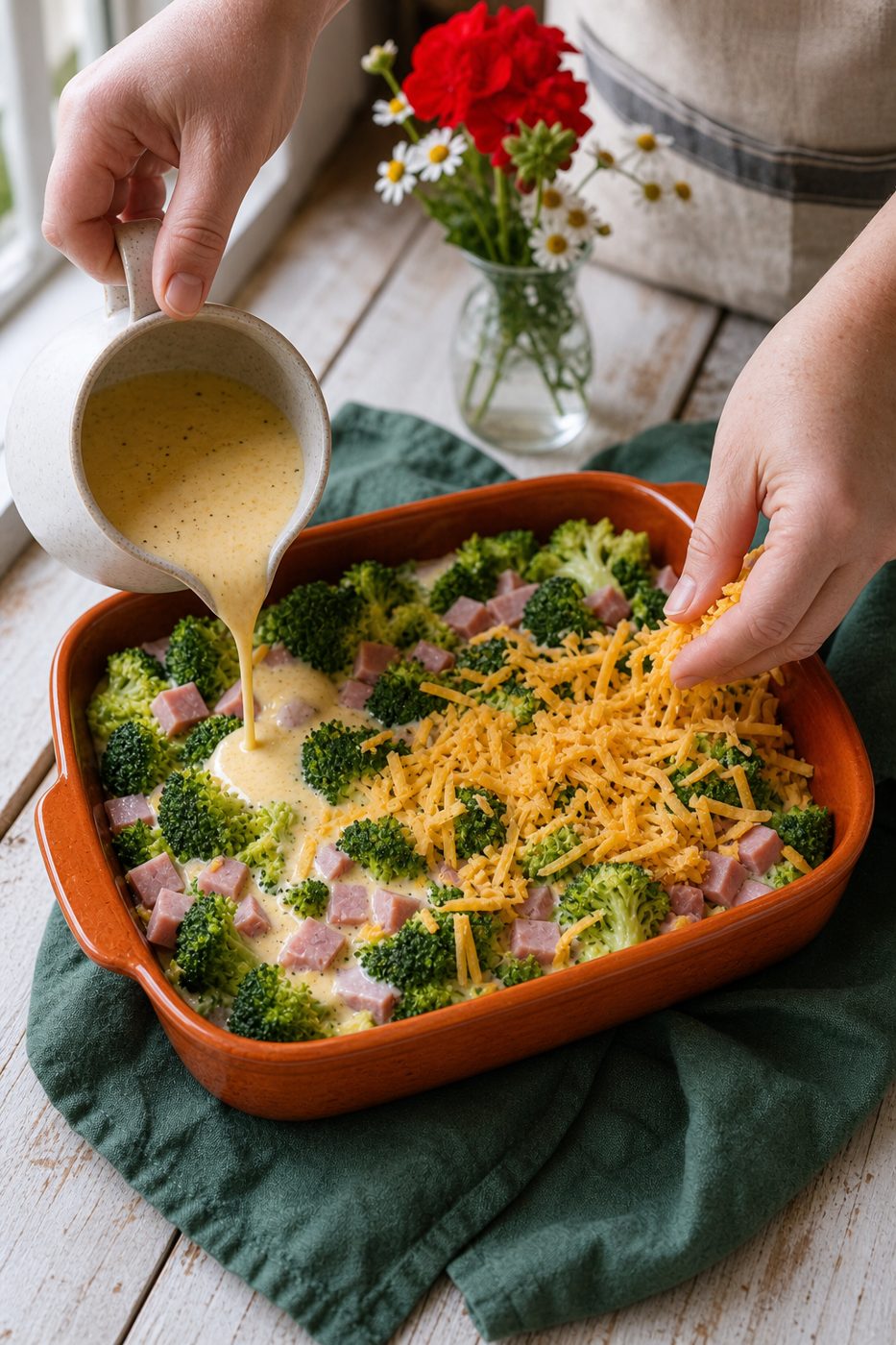 Schritt 2: Die verquirlte Eiermischung angießen und mit Cheddar bestreuen.