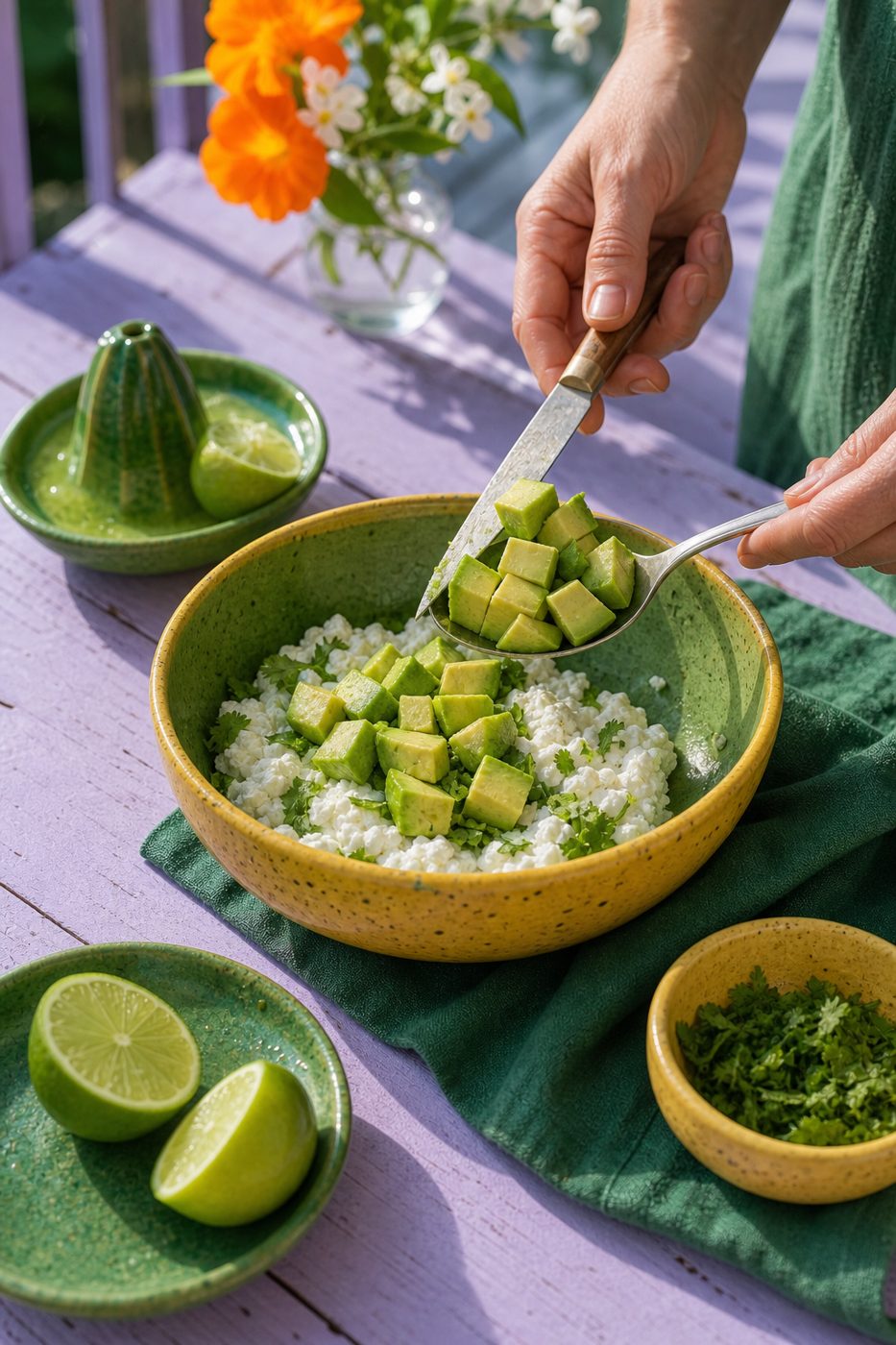 Schritt 1: Die Avocado würfeln und behutsam unter den Hüttenkäse mischen.
