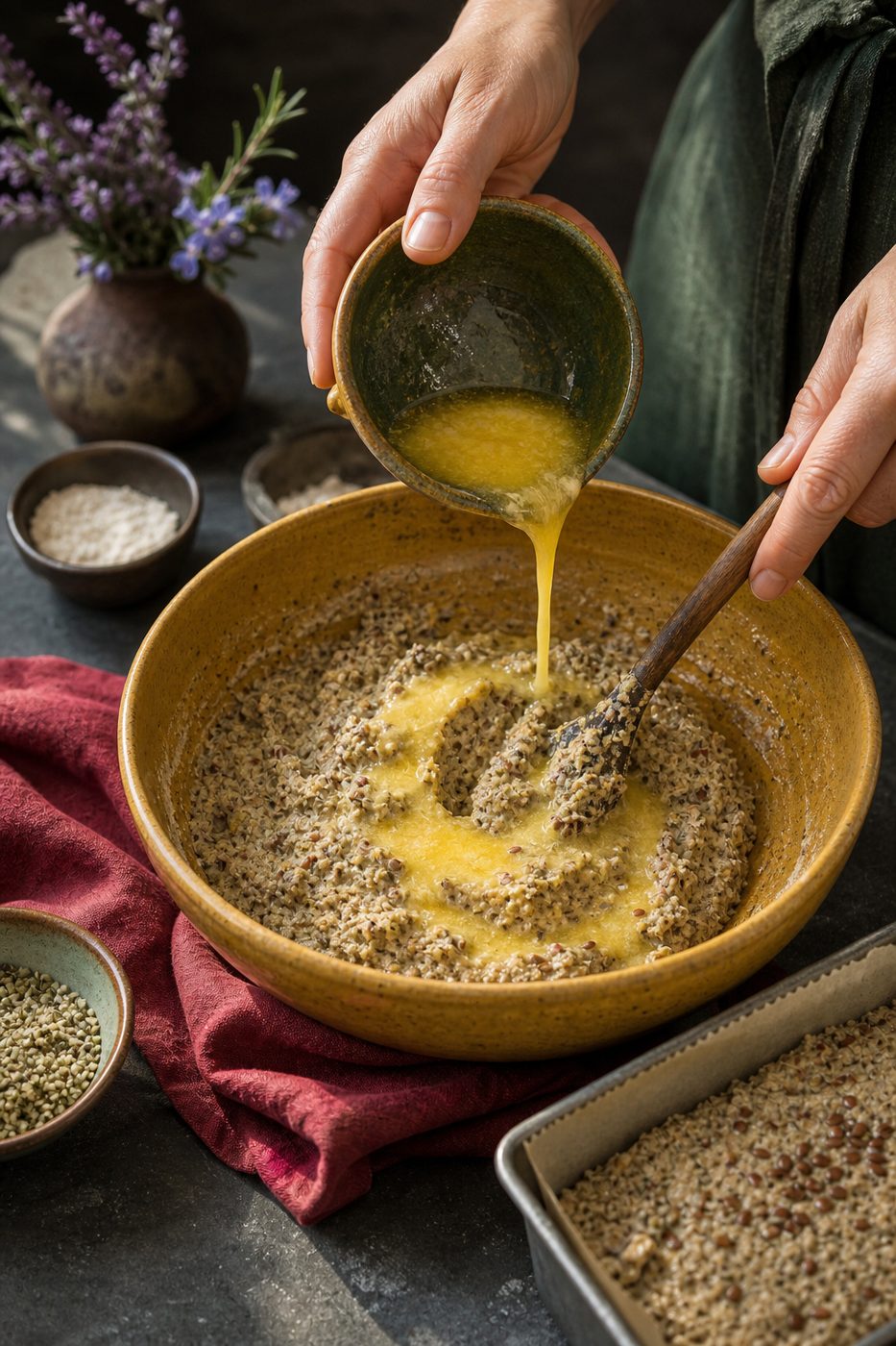 Schritt 1: Die trockenen Zutaten mischen und Eier sowie geschmolzene Butter einarbeiten.