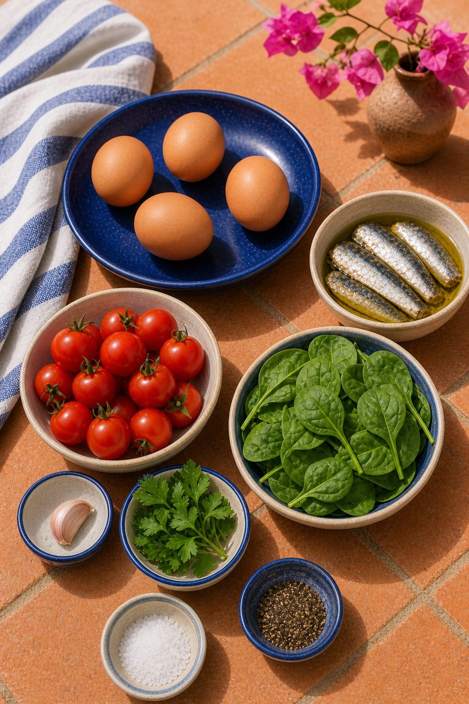 Zutaten für Sardinen-Tomaten-Eierpfanne