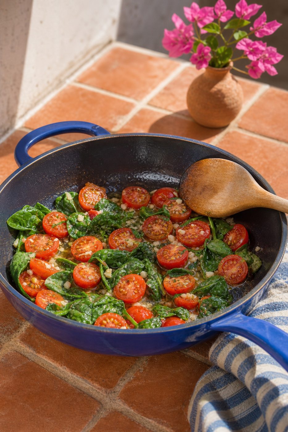 Schritt 1: Tomaten, Knoblauch und Spinat im Sardinenöl anbraten, bis der Spinat zusammenfällt.