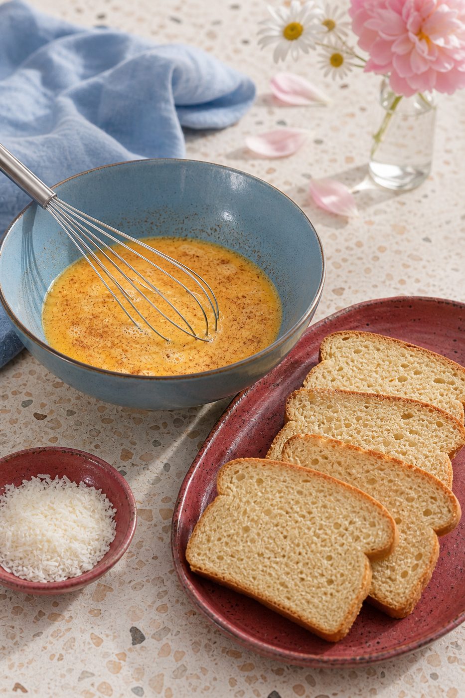 Schritt 1: Eier mit Kokosmilch, Zimt und Erythrit glatt verquirlen.