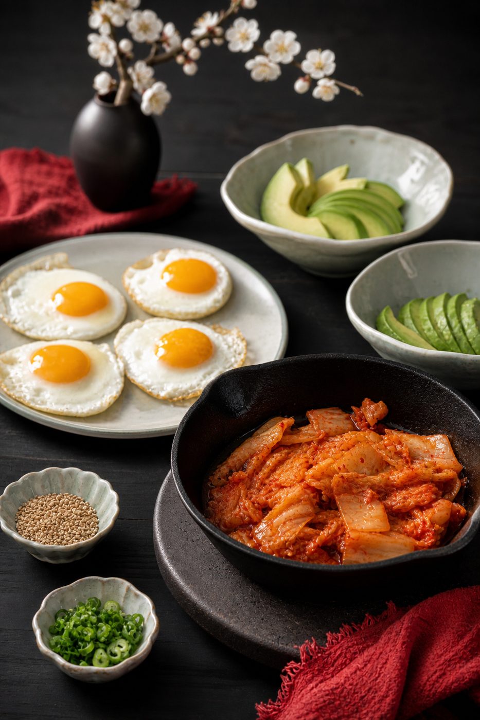 Schritt 2: Das Kimchi in derselben Pfanne erwärmen und mit der Avocado in den Schalen anrichten.