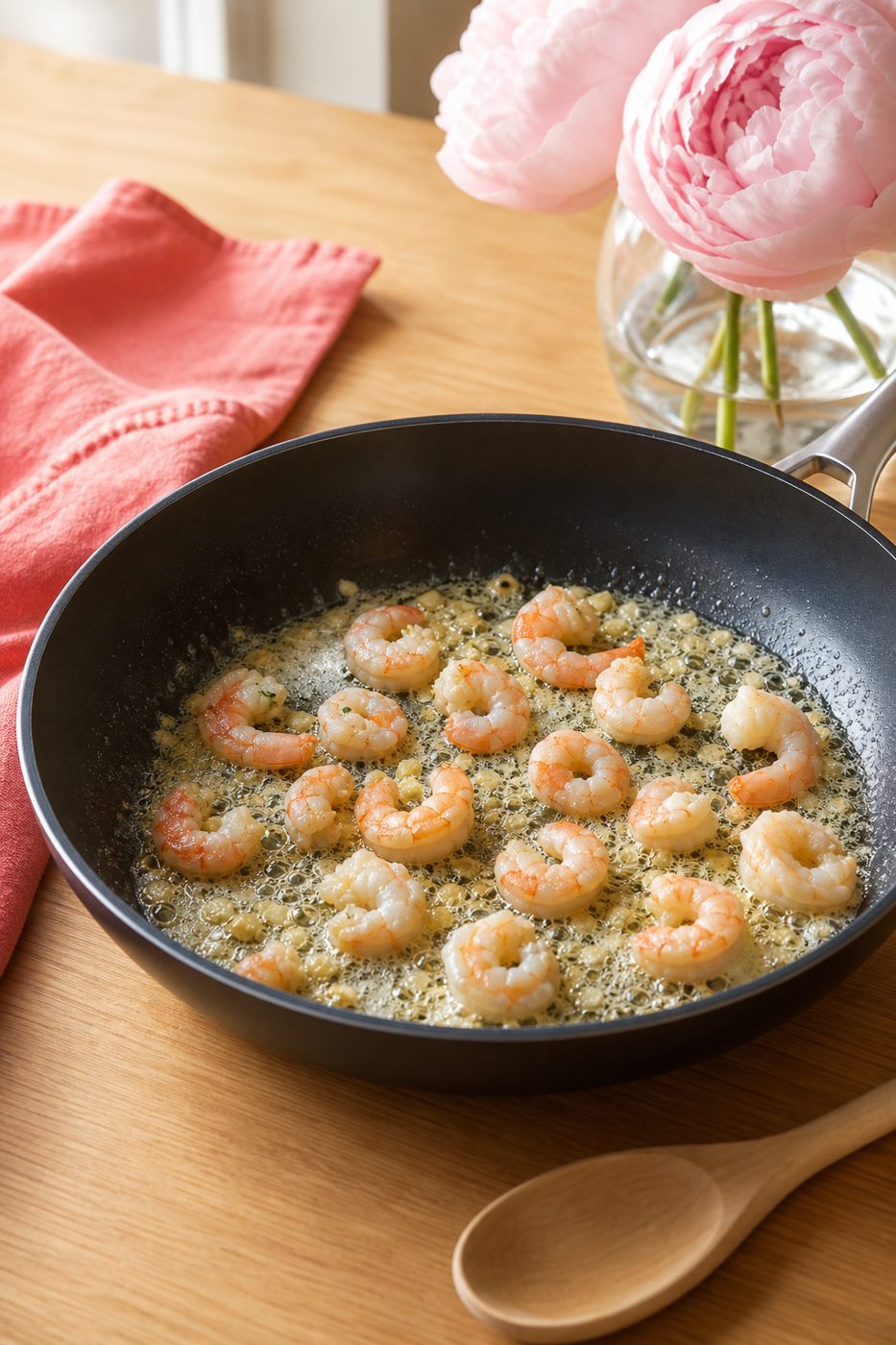 Schritt 1: Die Garnelen mit dem Knoblauch in Butter kurz anbraten und wieder herausnehmen.
