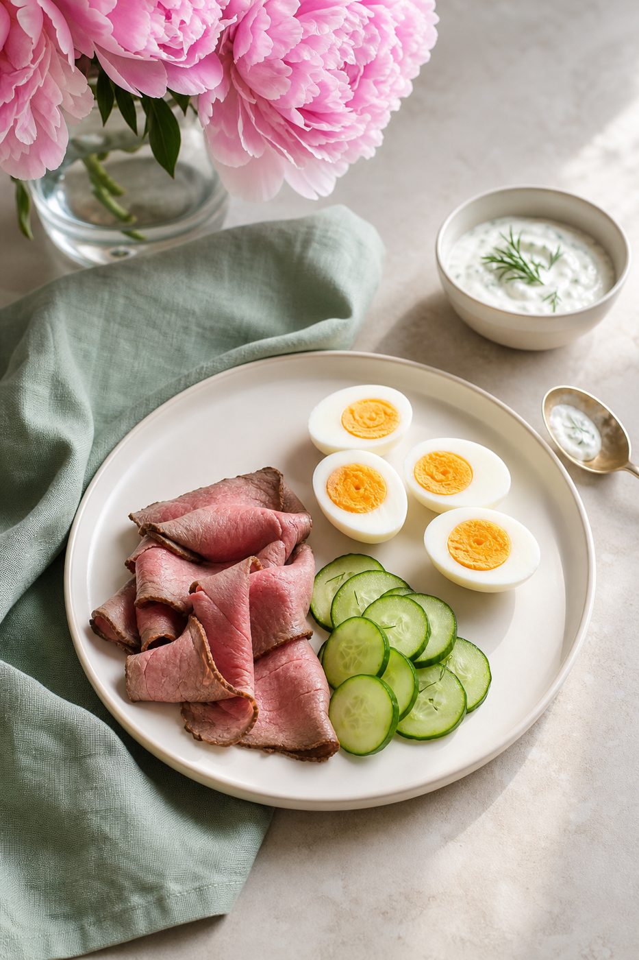 Schritt 2: Roastbeef, Gurkenscheiben und halbierte Eier auf zwei Tellern anrichten.