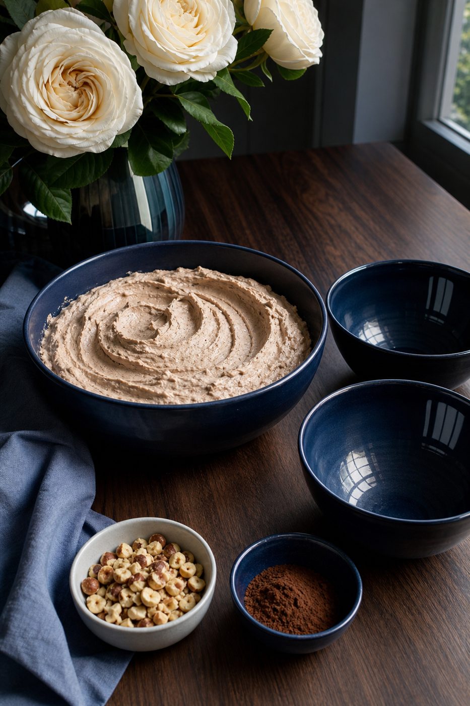 Schritt 2: Die Creme in zwei Schalen füllen und mit Haselnüssen und Kakao bestreuen.